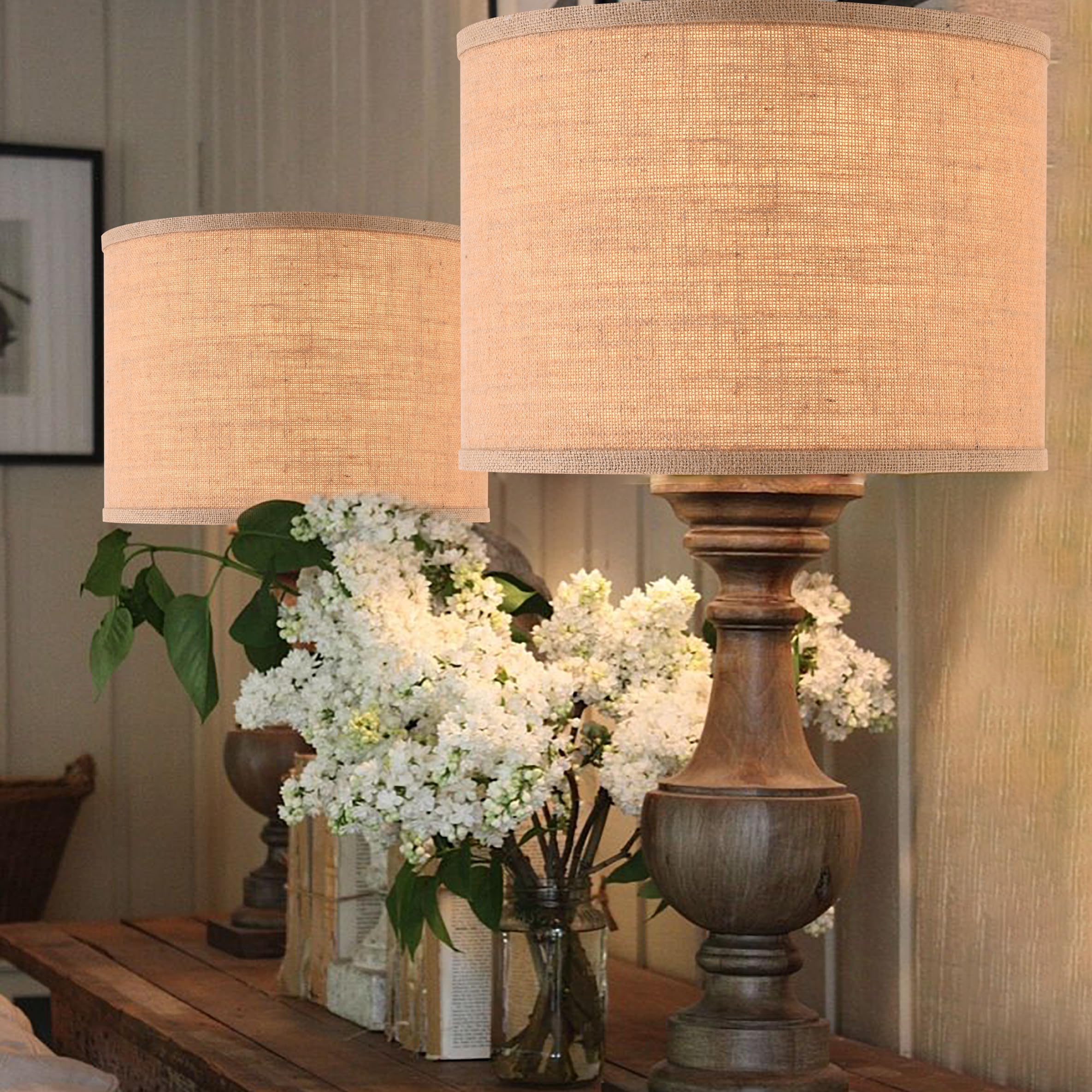 Papaya Drum Lampshade Set Of 2, 13 Brown Burlap Linen Shades, Model P504B