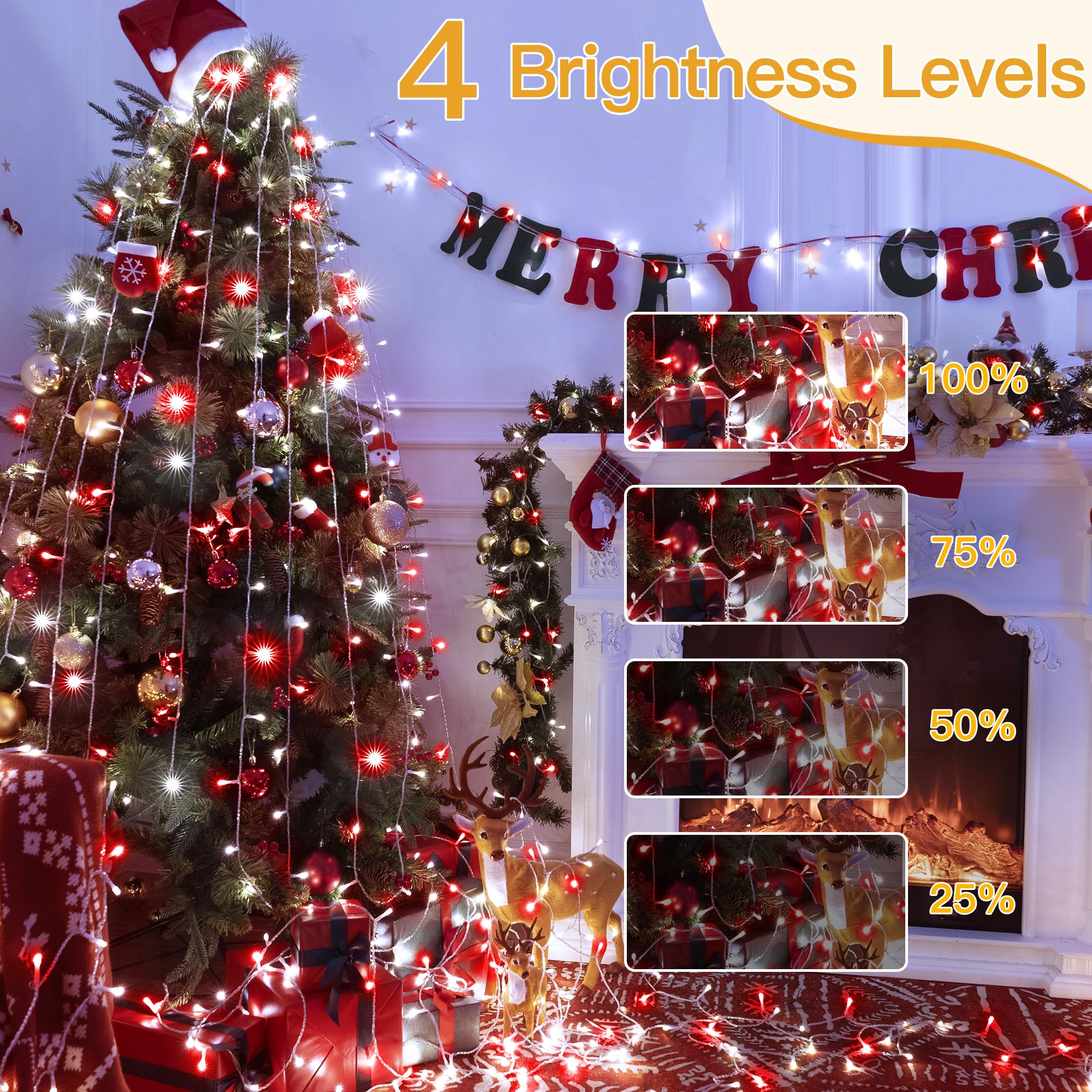 Ollny Red And White Christmas Lights Waterproof  400Led 131Ft String Lights With Remote 3 Timer  Plug In 8 Modes Fairy Light For Xmas Tree Indoor Bedroom House Party Wedding Decorations