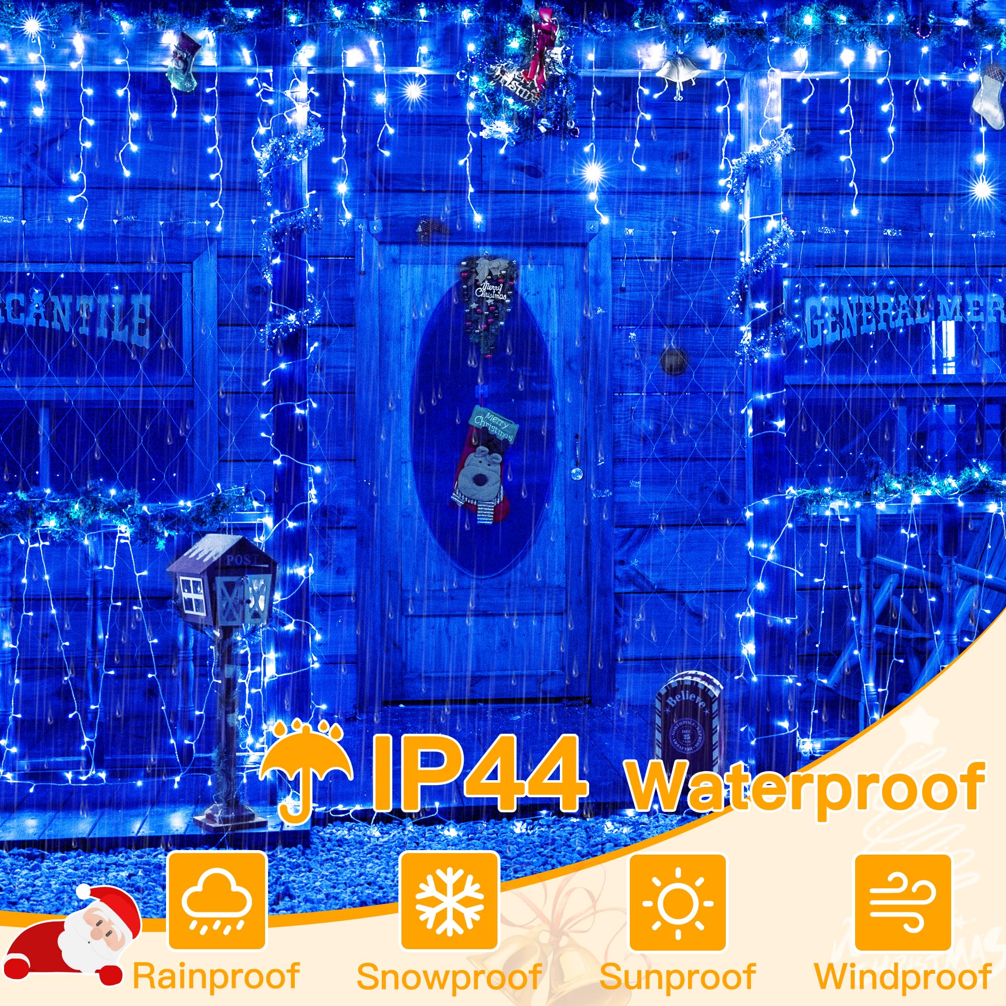 Ollny Blue Icicle Lights 396LED 32FT with Remote, 8 Modes, Waterproof for Indoor/Outdoor Holiday Decor