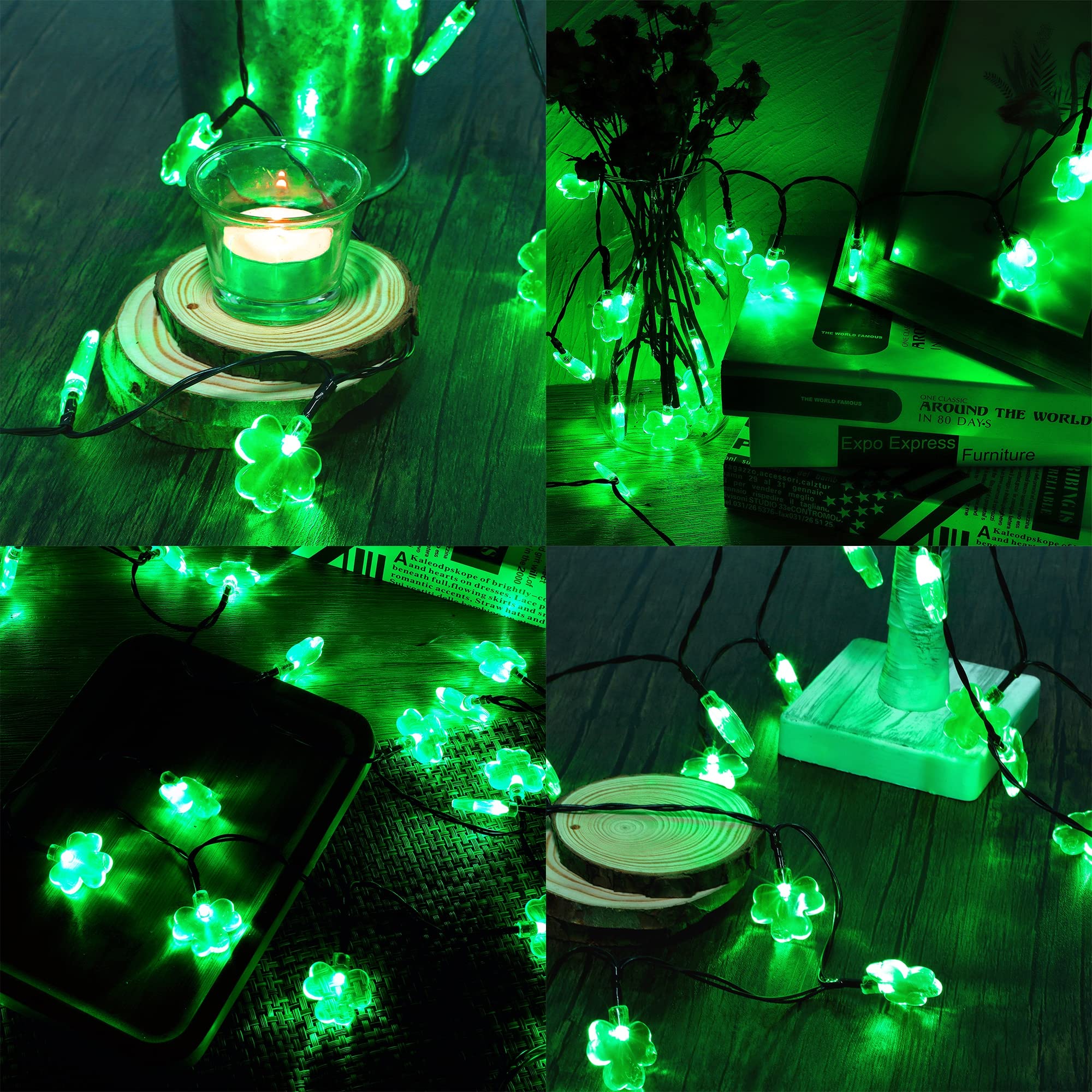 WATERGLIDE 50 LED St. Patrick's Day Shamrock String Lights, Battery Operated, Waterproof, 8 Lighting Modes, Green Decor for Party & Garden