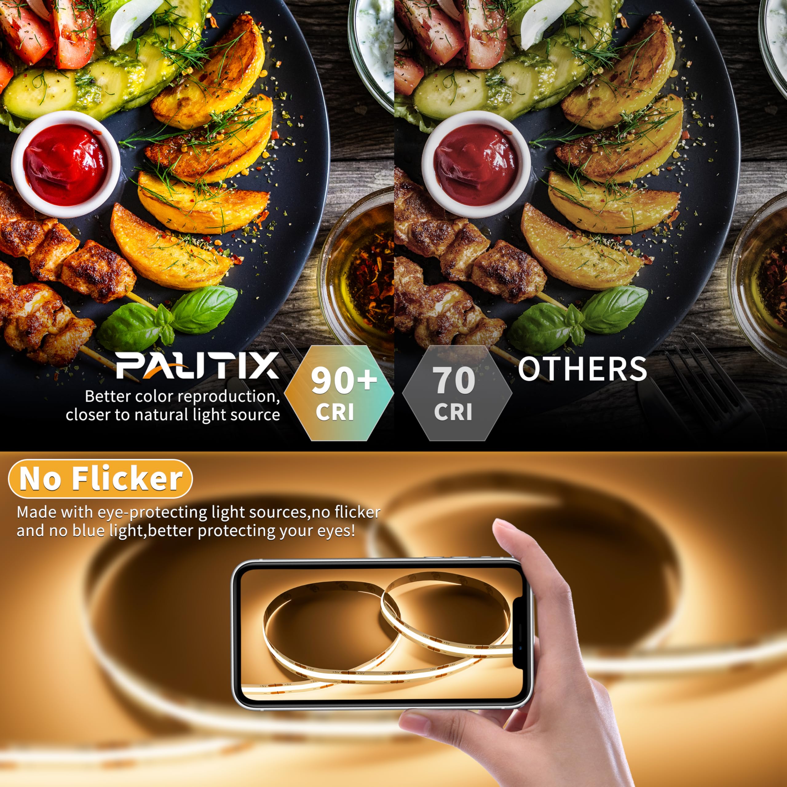 Pautix 5V Usb Cob Led Strip Light 6.56Ft/2M 1200Lm, 640Leds Dimmable 3000K Warm White Cri90+ With Rf Remote Tv Backlight,Flexibl