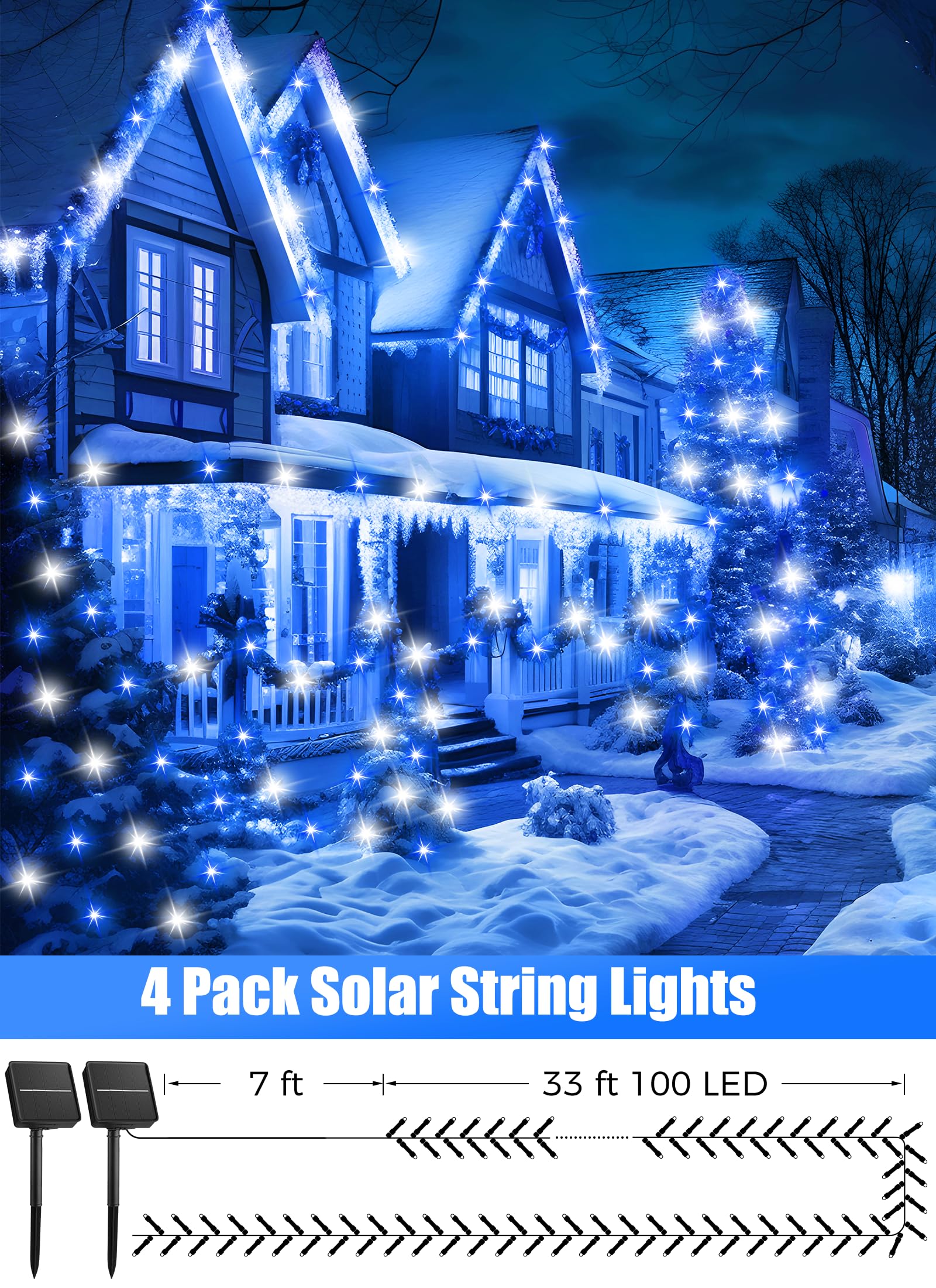 Minetom Solar String Lights - 400 LED, 160FT, 8 Modes, Waterproof, Outdoor Christmas Lights, 4 Pack, Blue & White