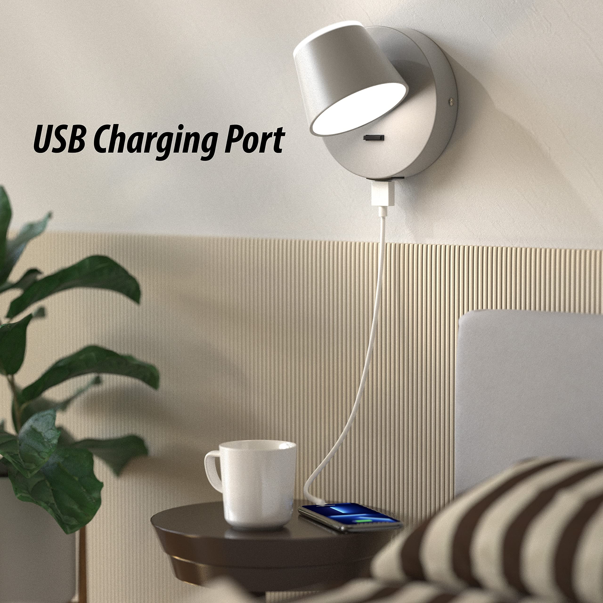 URSOLA LED Wall Sconce Set of Two, Hardwired, USB Charging Port, 350° Rotatable, Gray, Model 7540-1T