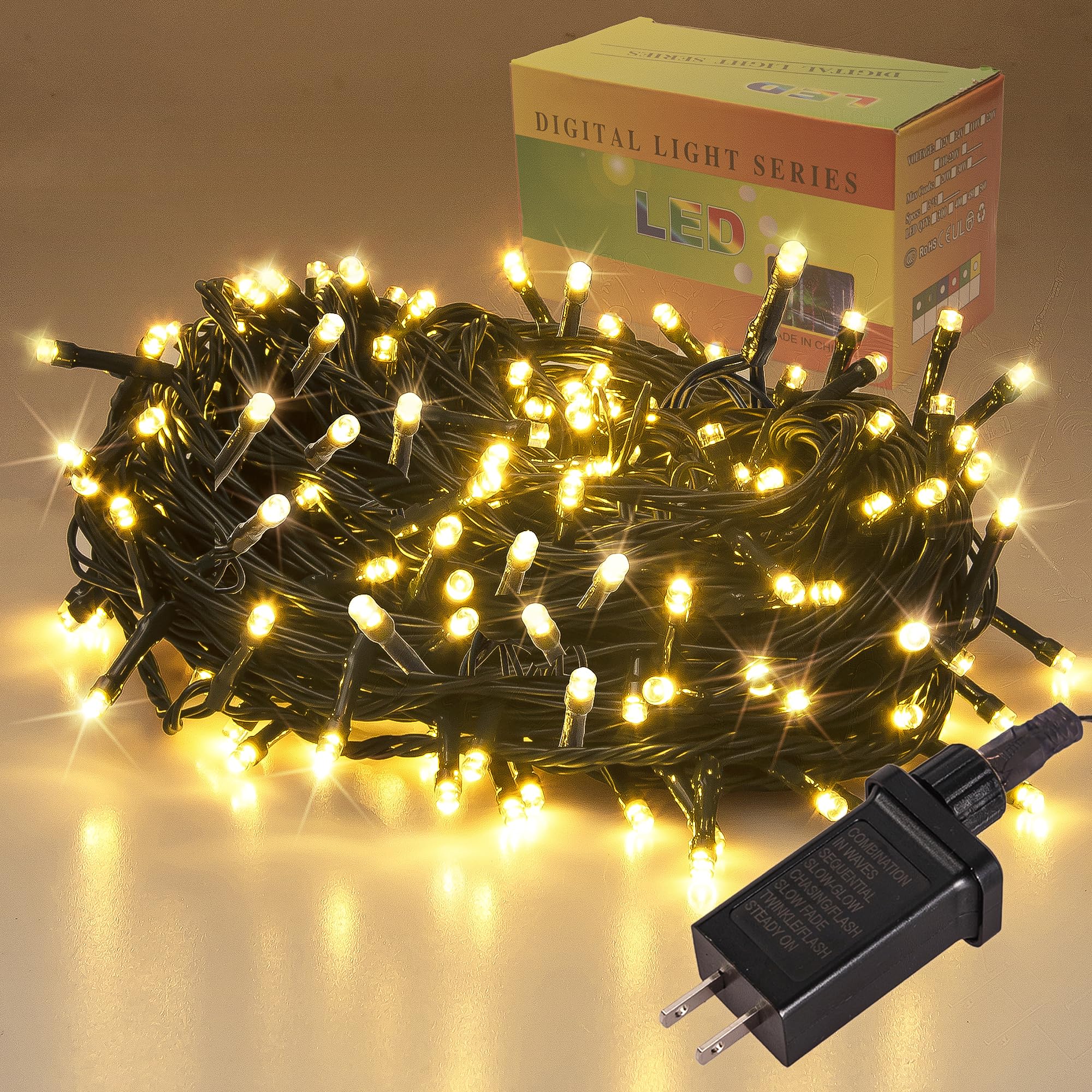 Etinga 200 LED String Lights 66ft Warm White, Green Wire Plug in Fairy Lights with 8 Lighting Modes, Christmas Lights for Bedroo