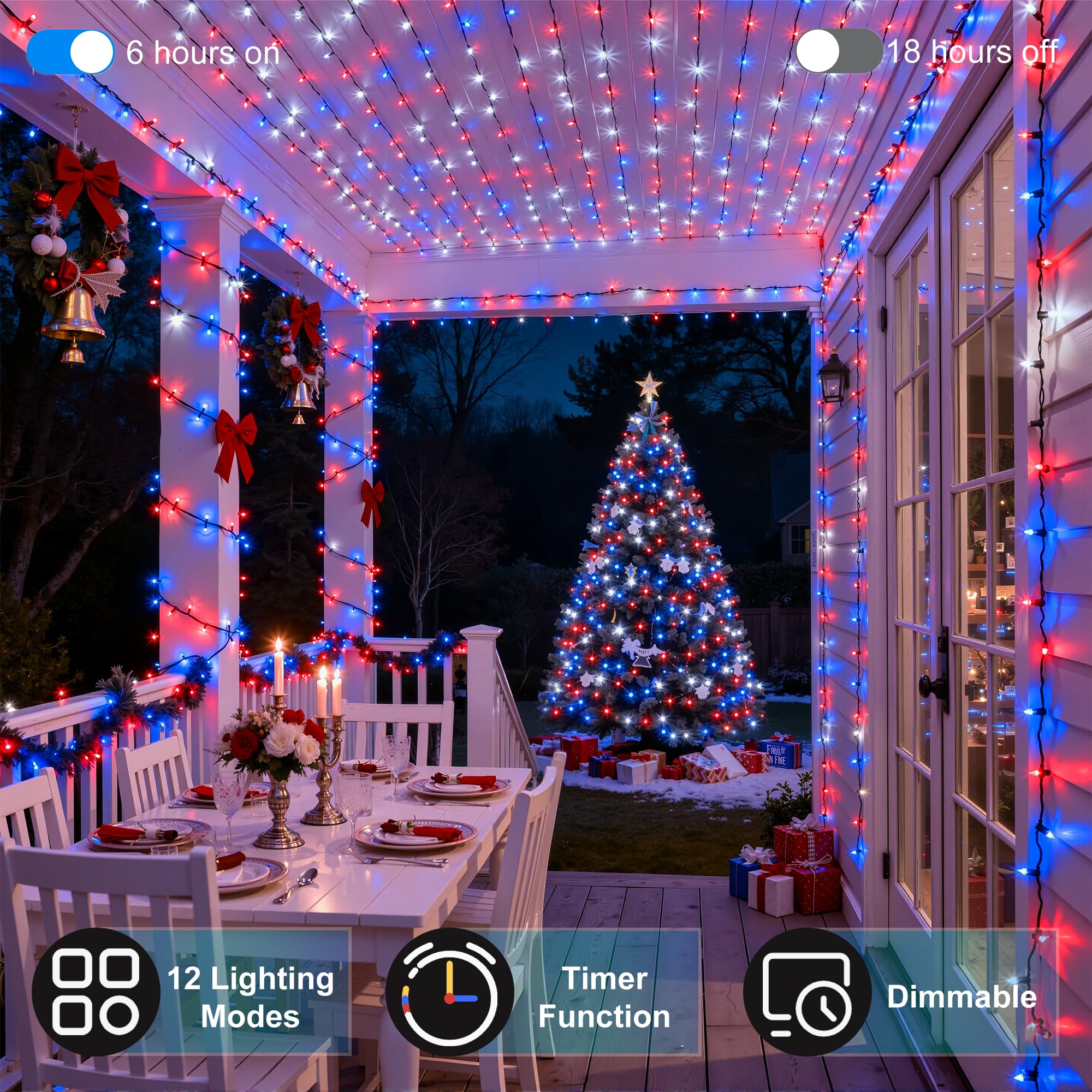 XIKENGSHQ 240FT 750LED Christmas Lights - Waterproof Red, Blue & White, 12 Modes, Timer, Dimmable, Green Wire for Indoor/Outdoor Decor
