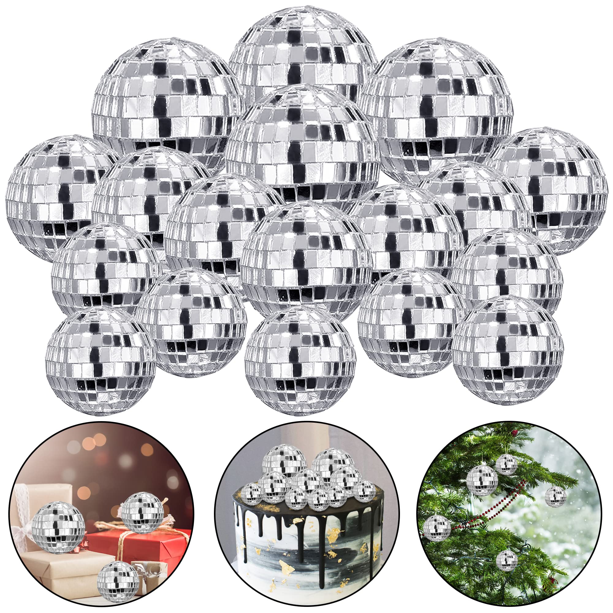 27 PCS Disco Ball Cake Decoration Ornaments Reflective Mirror Ball Cake Decoration 70s Disco Themed Party Decoration Silver Disc