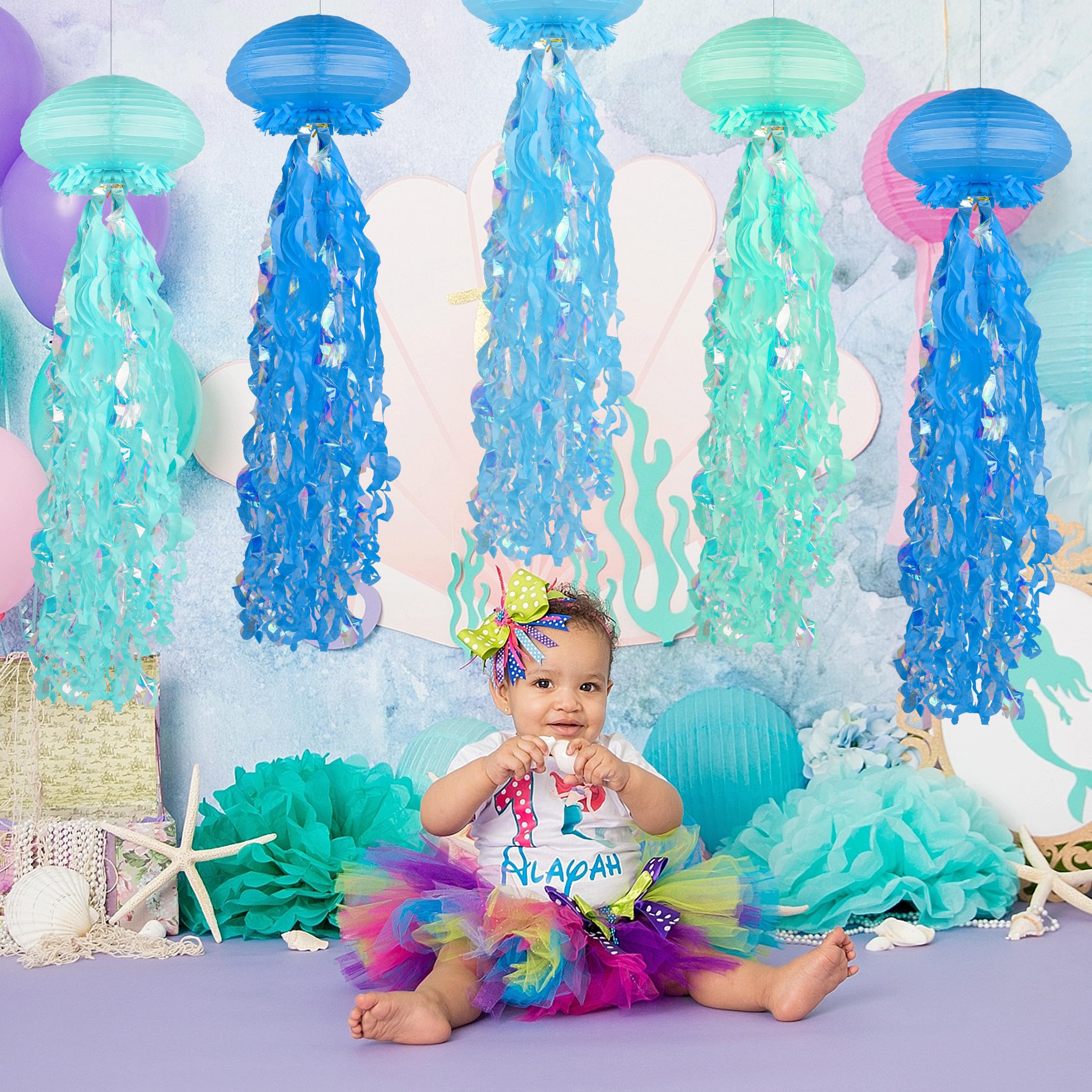 Bisanzoya 8 pcs Jellyfish Paper Lanterns, Metal, Dark Blue + Light Blue + Tiffany Blue, Hanging Decorations for Ocean Birthday Party