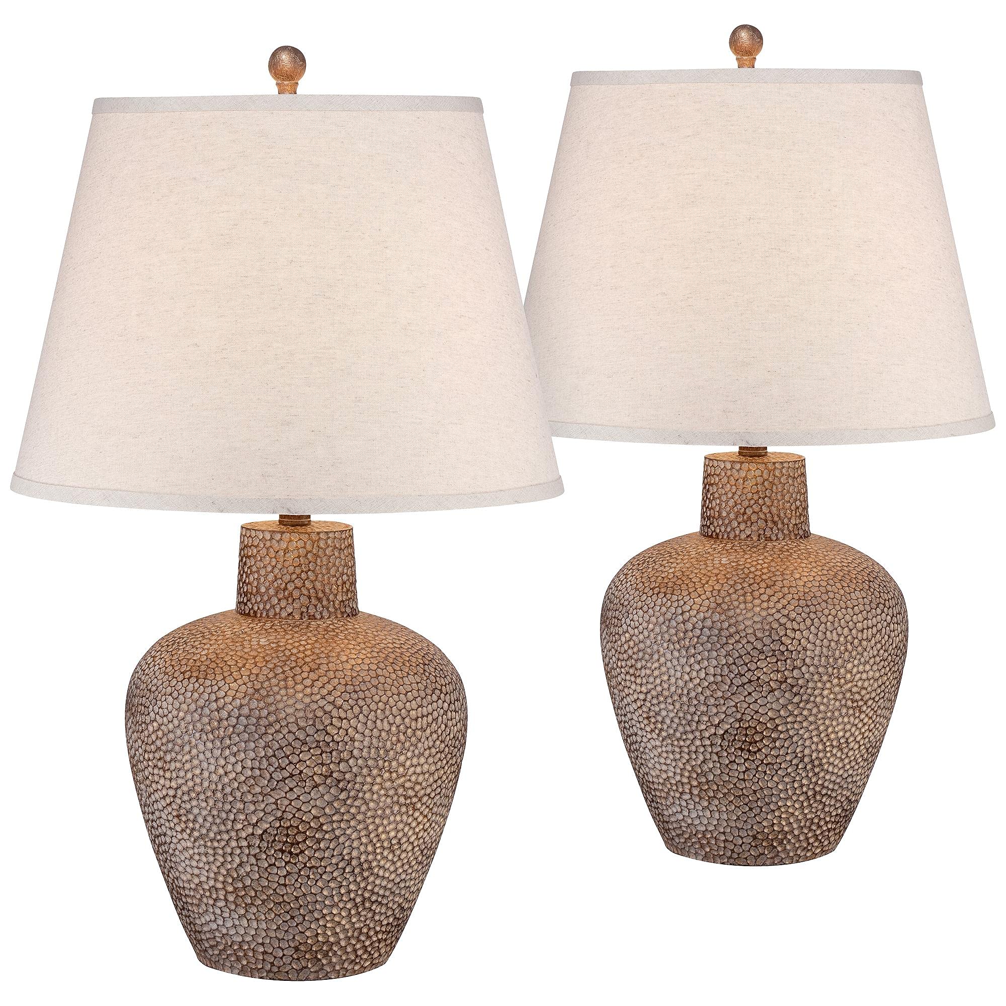 Franklin Iron Works Bentley Rustic Farmhouse Table Lamps 29 Tall Set of 2 Brown Leaf Hammered Metal Pot Off White Empire Shade f