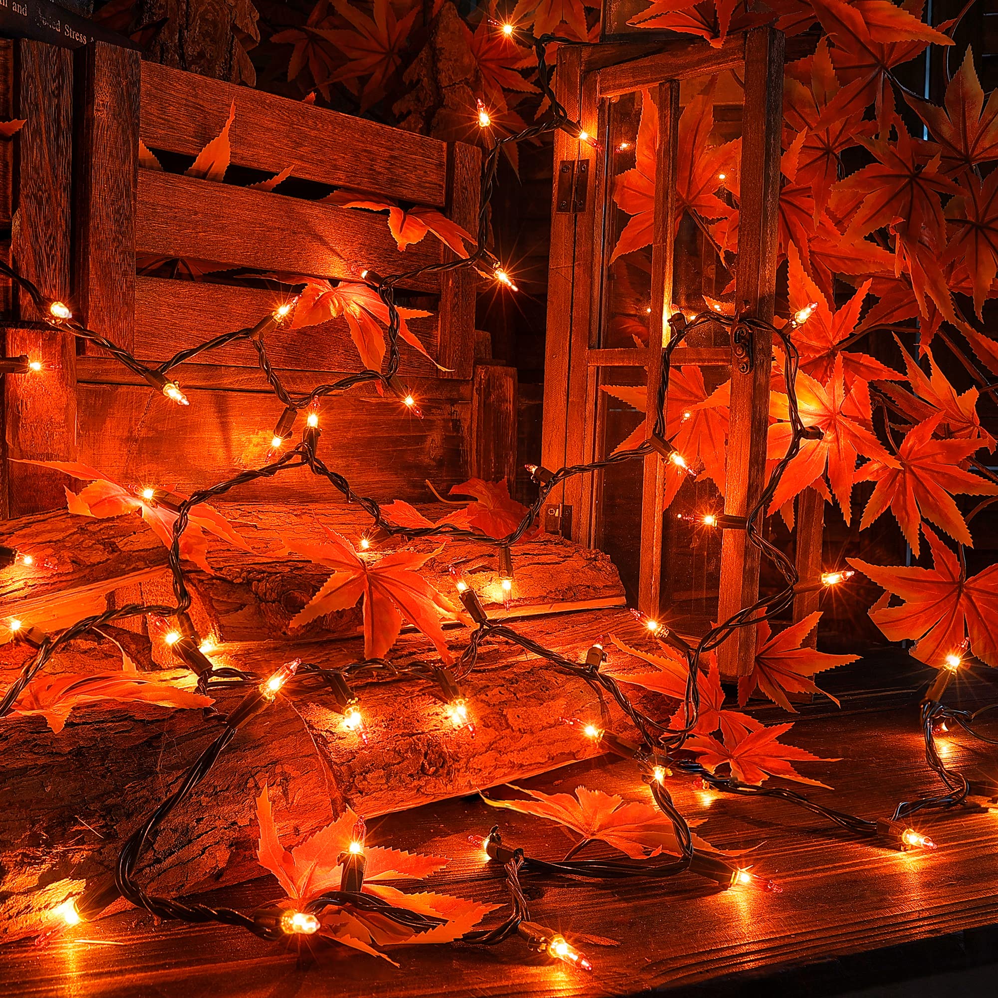 Hopolon Orange Mini String Lights, 2-Pack 50 Count, 13ft, Connectable, Plastic, Ideal for Thanksgiving, Halloween, Christmas Decor