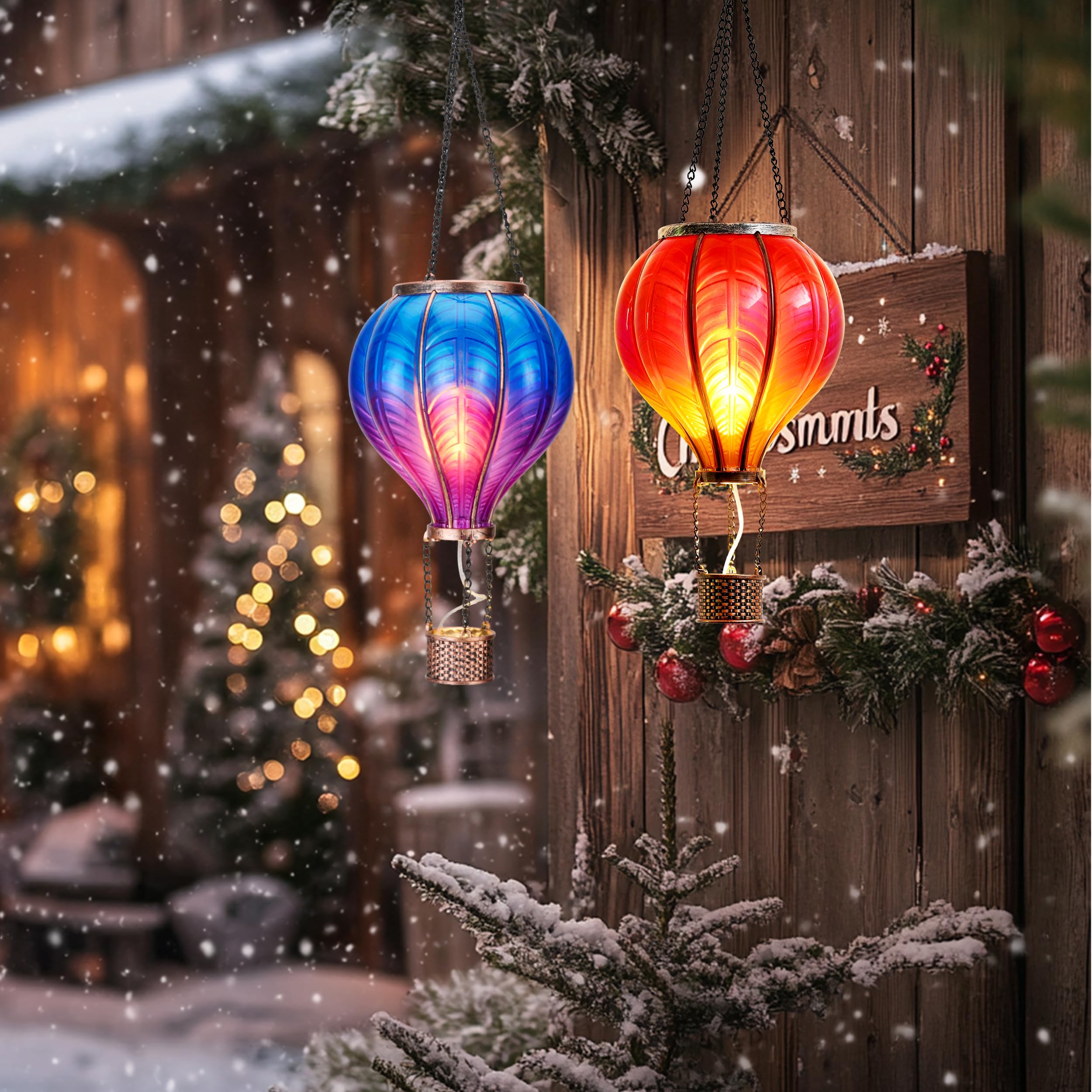 Teresa'S Collections 2 Pack Hanging Solar Lantern Outdoor Garden Decor ,Waterproof Plastic Hot Air Balloon Red Flickering Flame Effect Lantern For Yard Tree,Gift For Mom Lovers,18&quot;