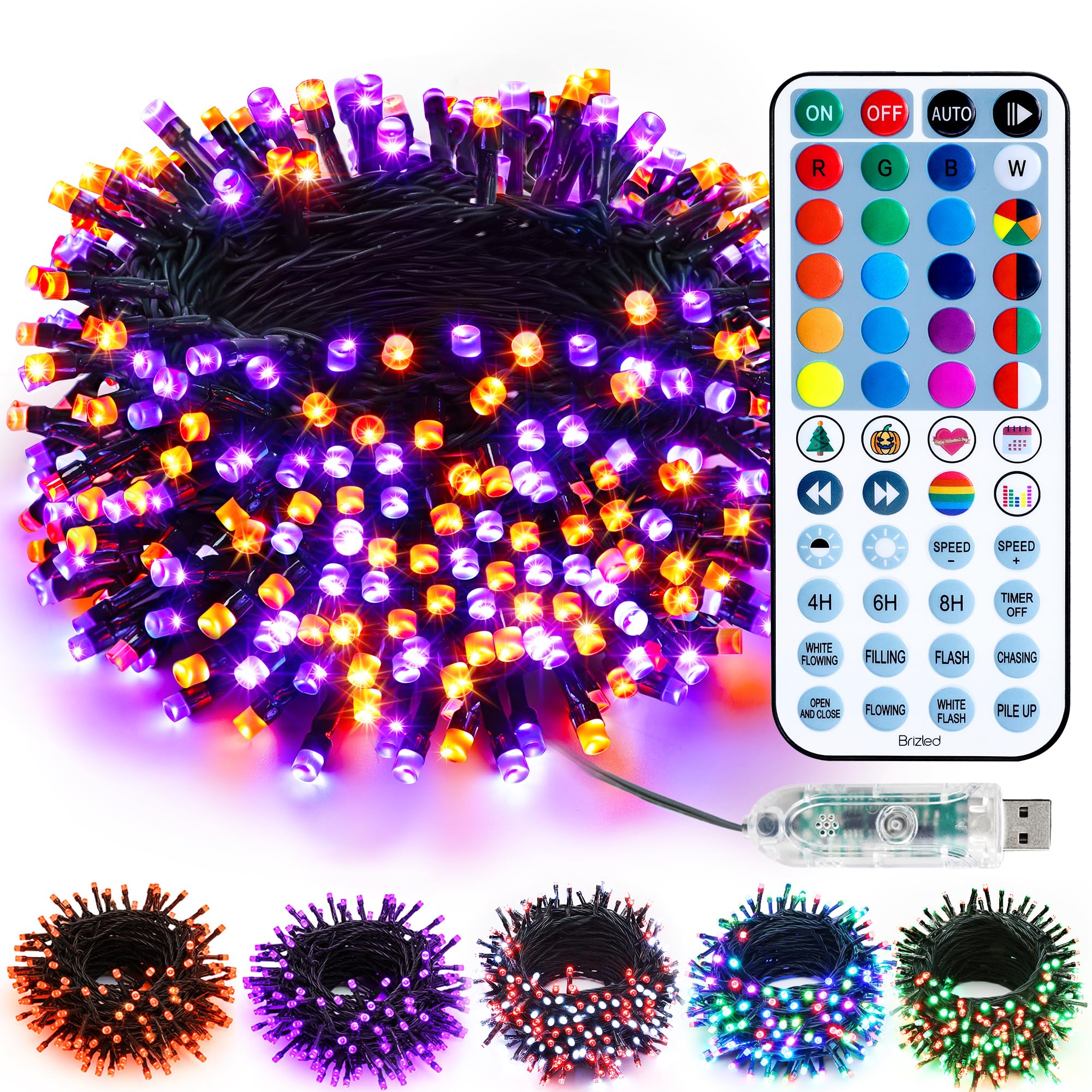 Brizled Color Changing Christmas Lights, 33ft 100 LED RGB Light String with Remote, Dimmable Mini Light String, USB Indoor Decor