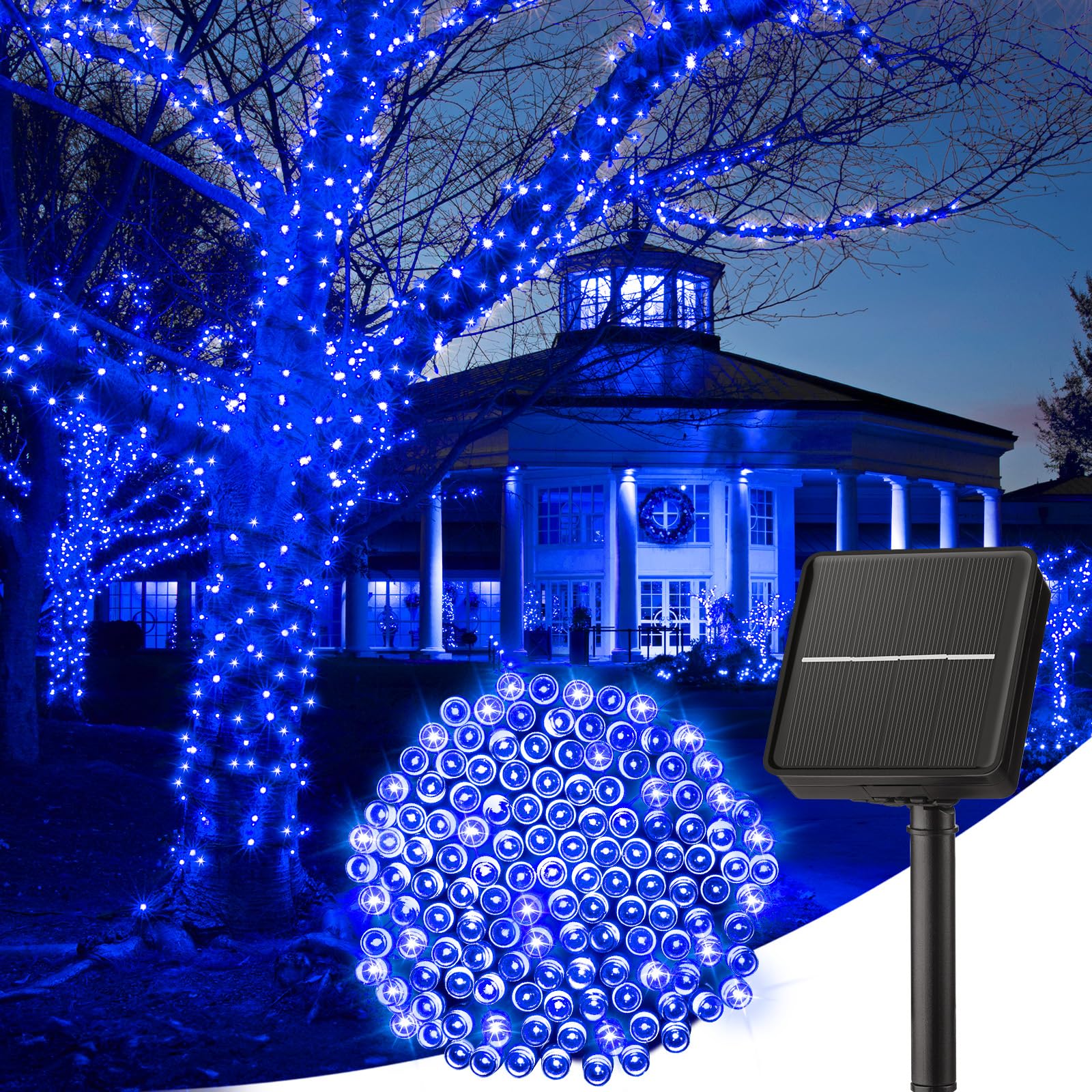 Minetom Solar String Lights, 40FT 100 LED, Waterproof, 8 Lighting Modes, Blue, Outdoor Patio Decoration