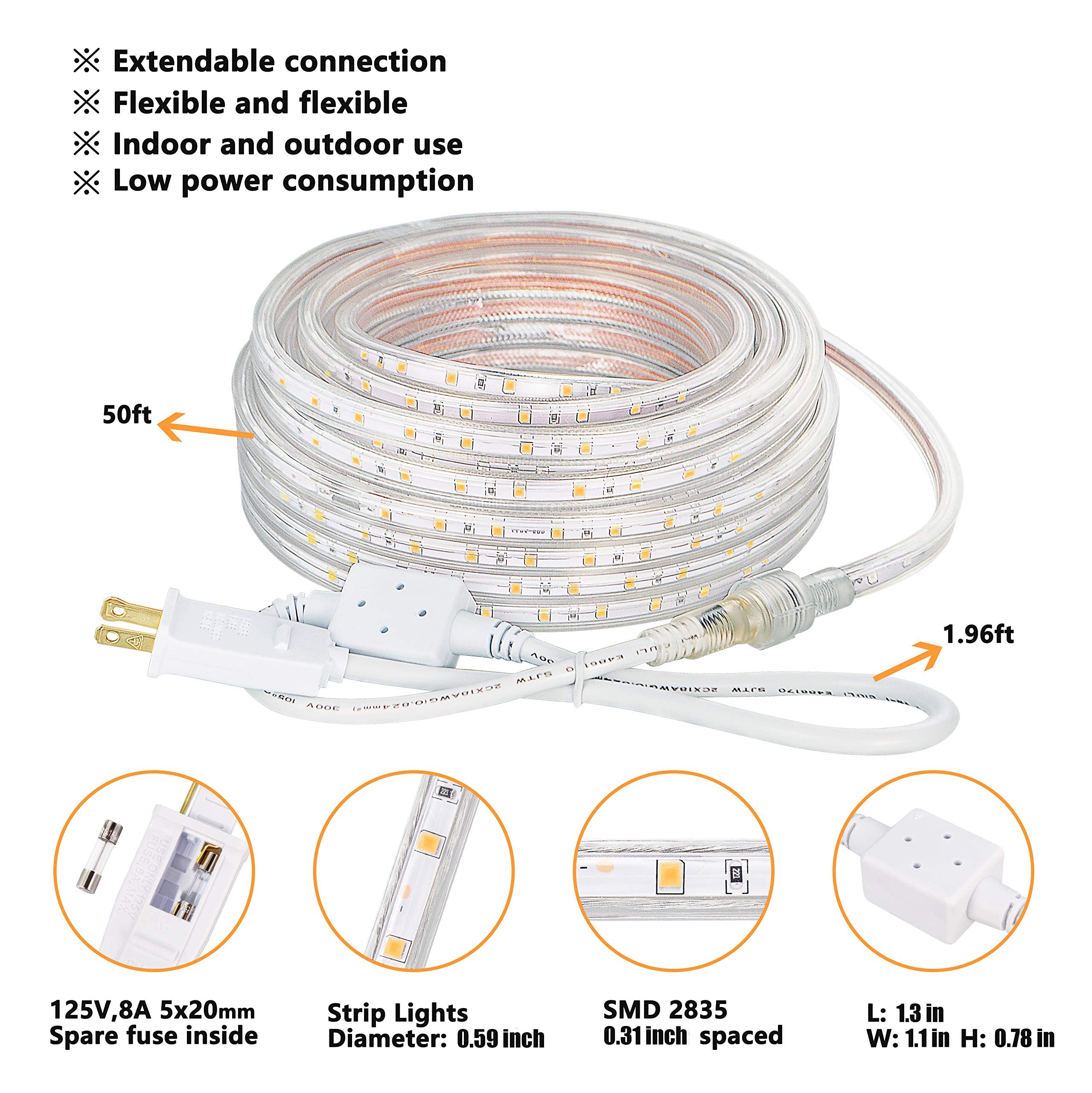 SURNIE LED Rope Lights Outdoor Waterproof 50ft Warm White Flexible 110V, Model SR11102-15-WW-NA