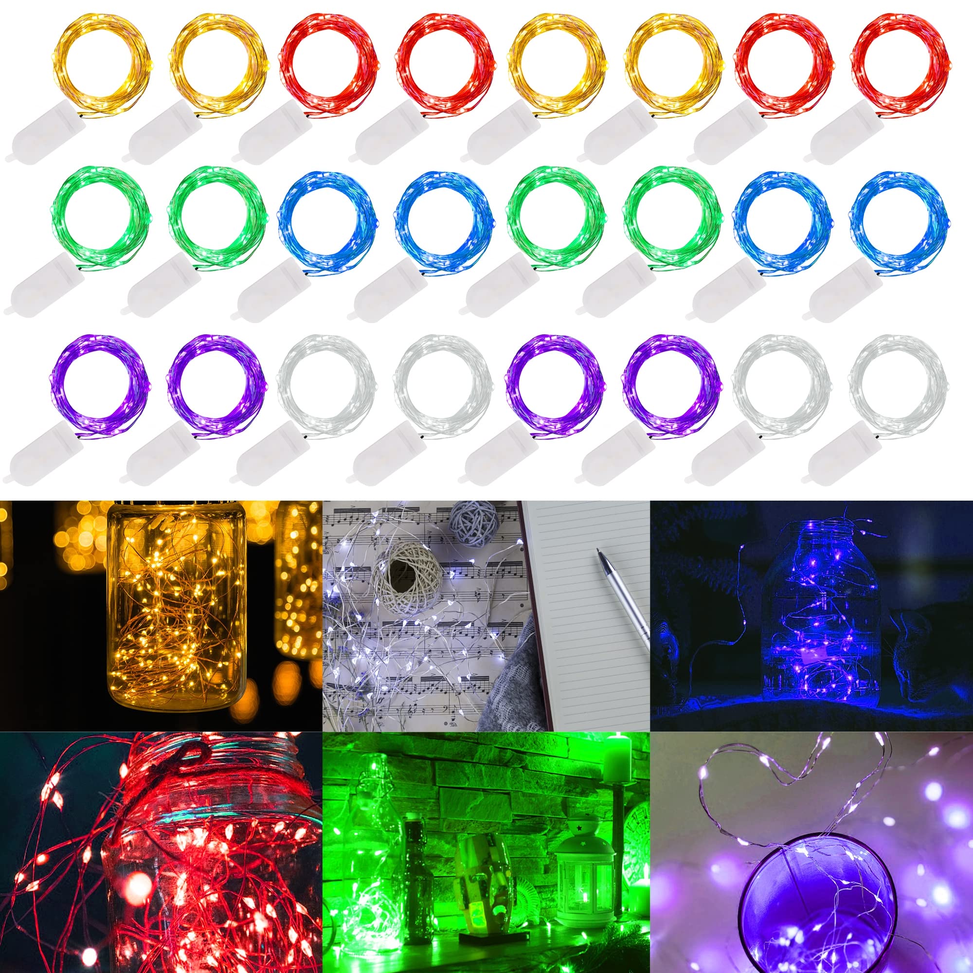 WATERGLIDE 24 Pack Mini Fairy Lights, 6.5ft, 20 LED, Battery Operated, Waterproof, Multicolor Silver Wire for Decor