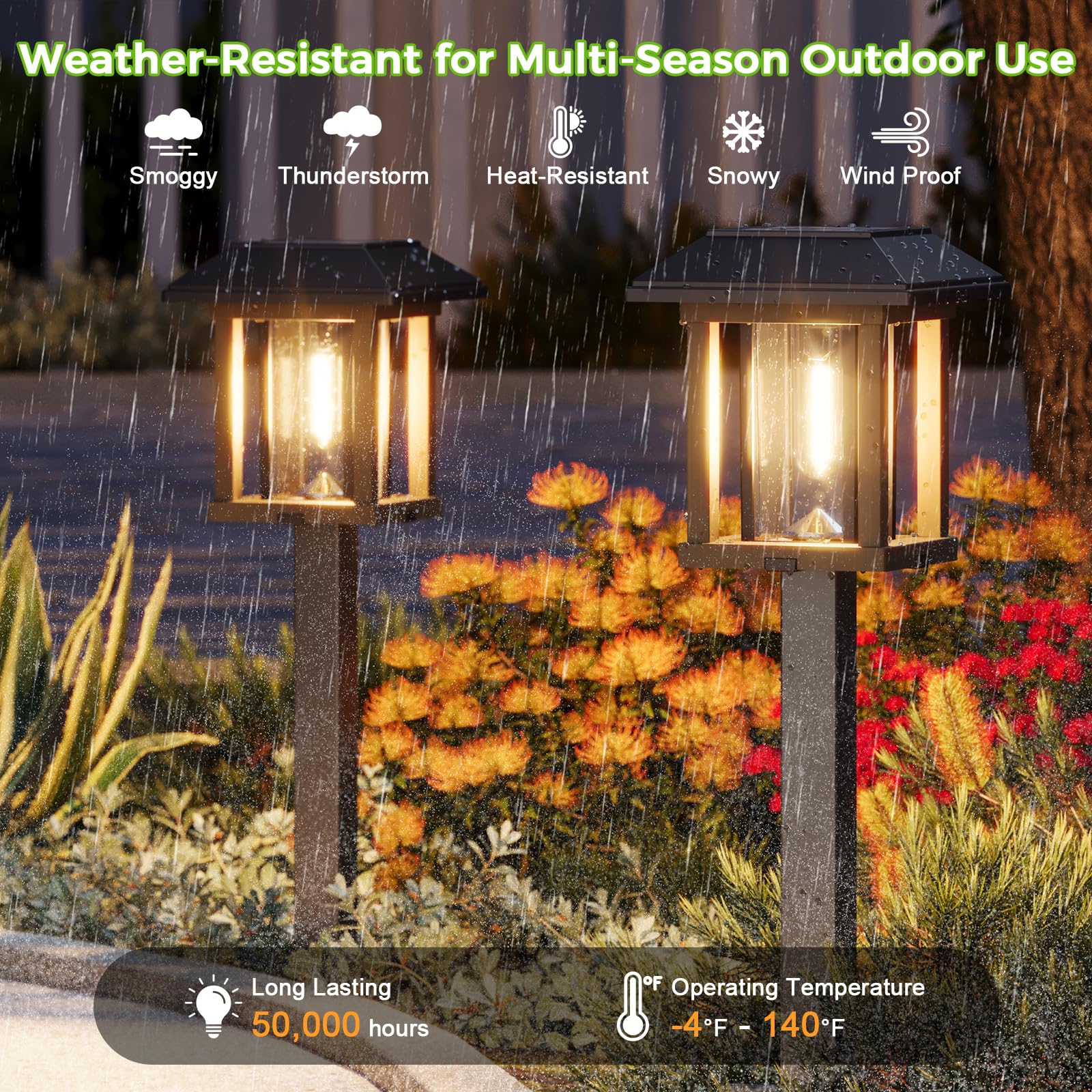 XMCOSY+ Solar Pathway Lights 4-Pack, Vintage Edison LED, 25 Lumens, IP65 Waterproof, Two-Tone Bronze & Wood Color, Model HW-6166B