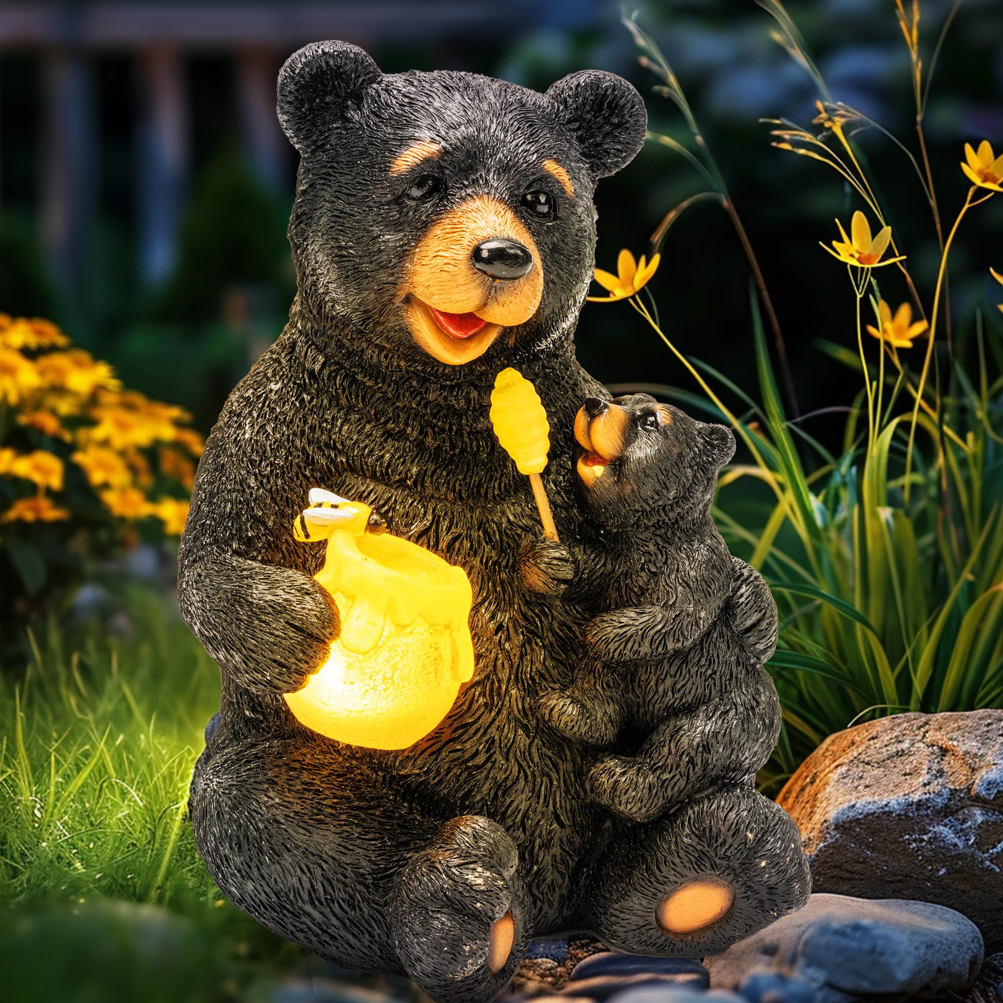 GIGALUMI Solar Garden Statues Loving Bear Figurine Lights, Outdoor Yard Decor, Model 8891, Unique Gifts for Mom and Women