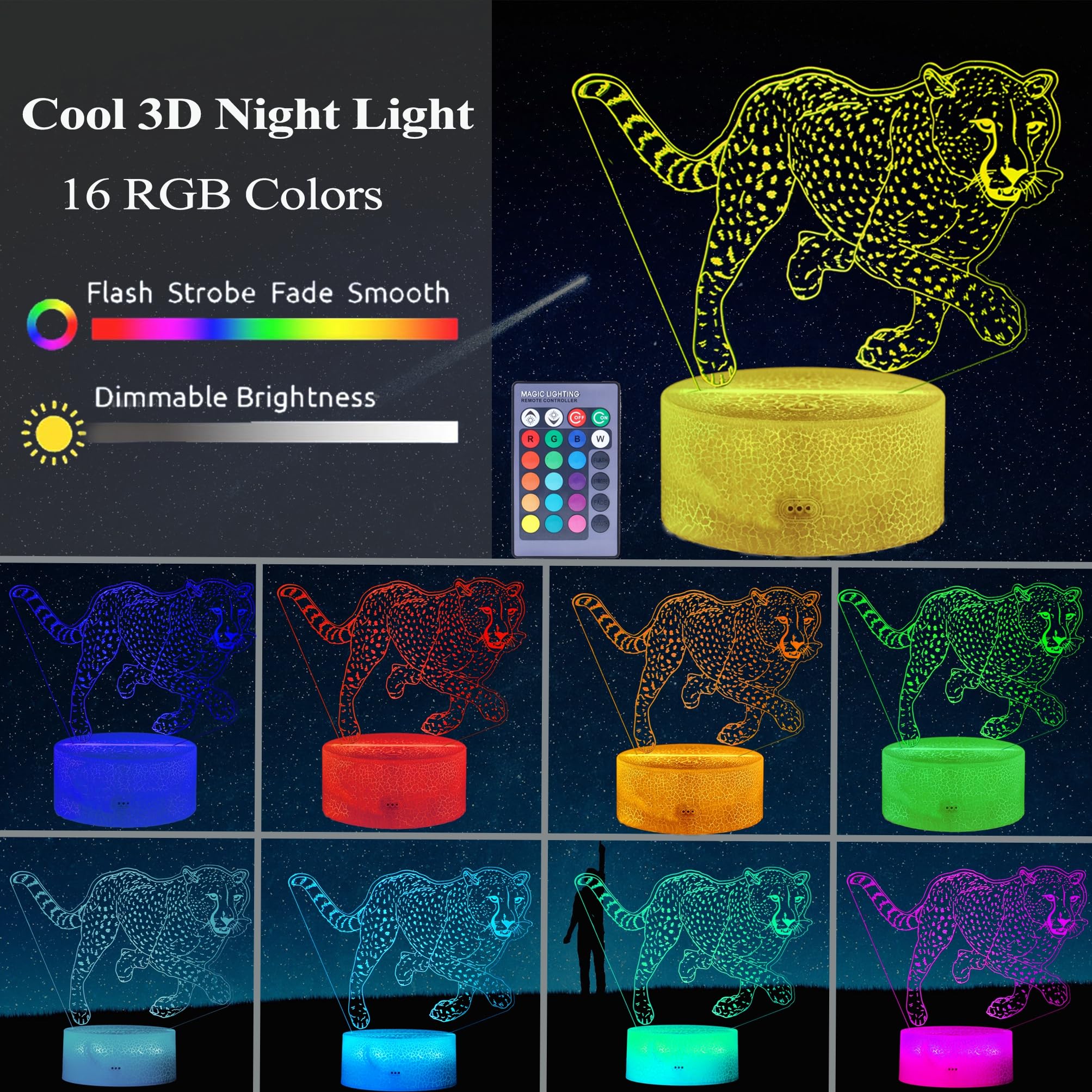 POSSHE 3D Cheetah Night Light Lamp - 16 Color Modes, Remote Control, Dimmable - Kids Room Decor - Model MY-3D LAMP-CRACK, Style