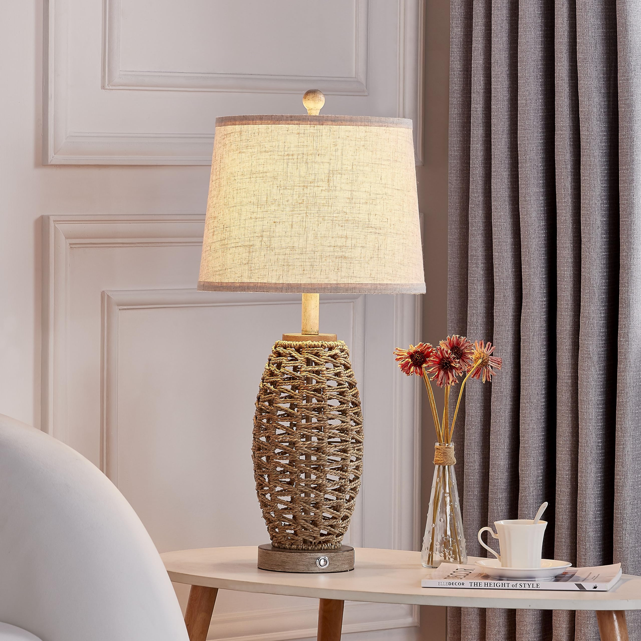 Generic 27in Natural Rattan Table Lamps Set of 2, 3-Way Dimmable, USB Charging Ports, Oatmeal Lampshade, Model HT23T0816