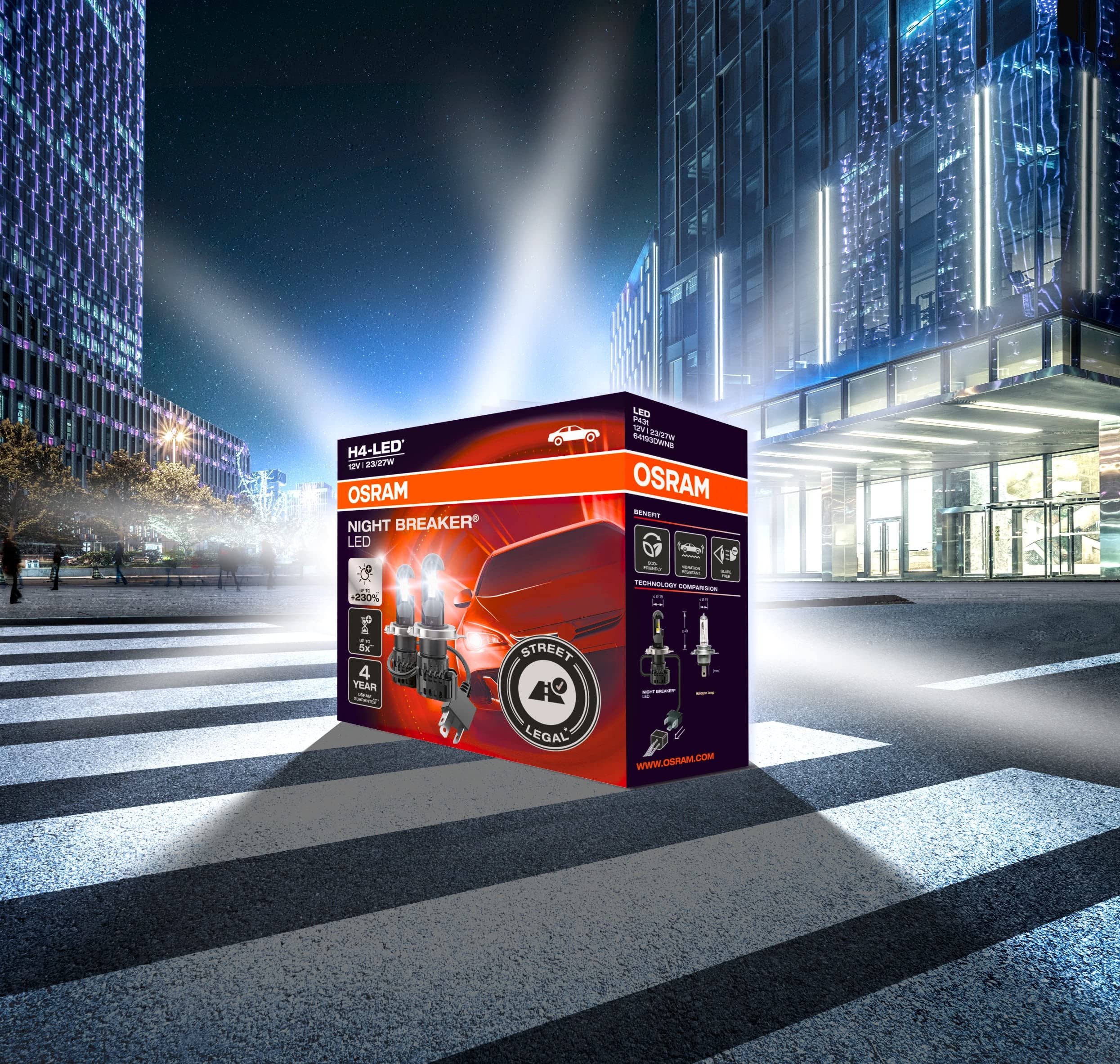 OSRAM Night Breaker H4 LED Bulb - 230% Brighter, Legal Low/High Beam, Black, Model 64193DWNB