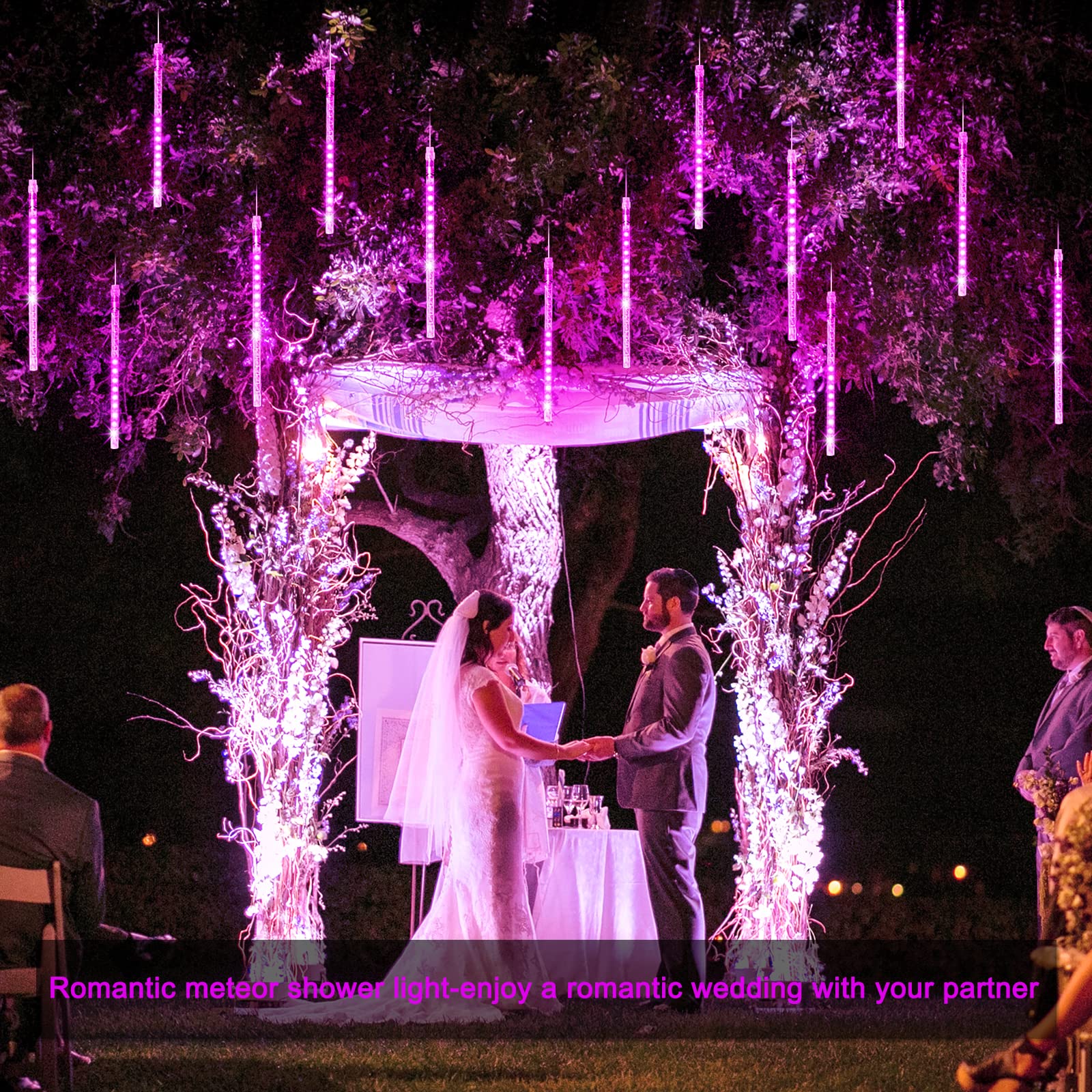 JMEXSUSS Solar Meteor Shower Lights, 144 LEDs, 8 Tubes, Pink, PVC, Outdoor Decorations for Valentines Day, Xmas, Weddings, Parties
