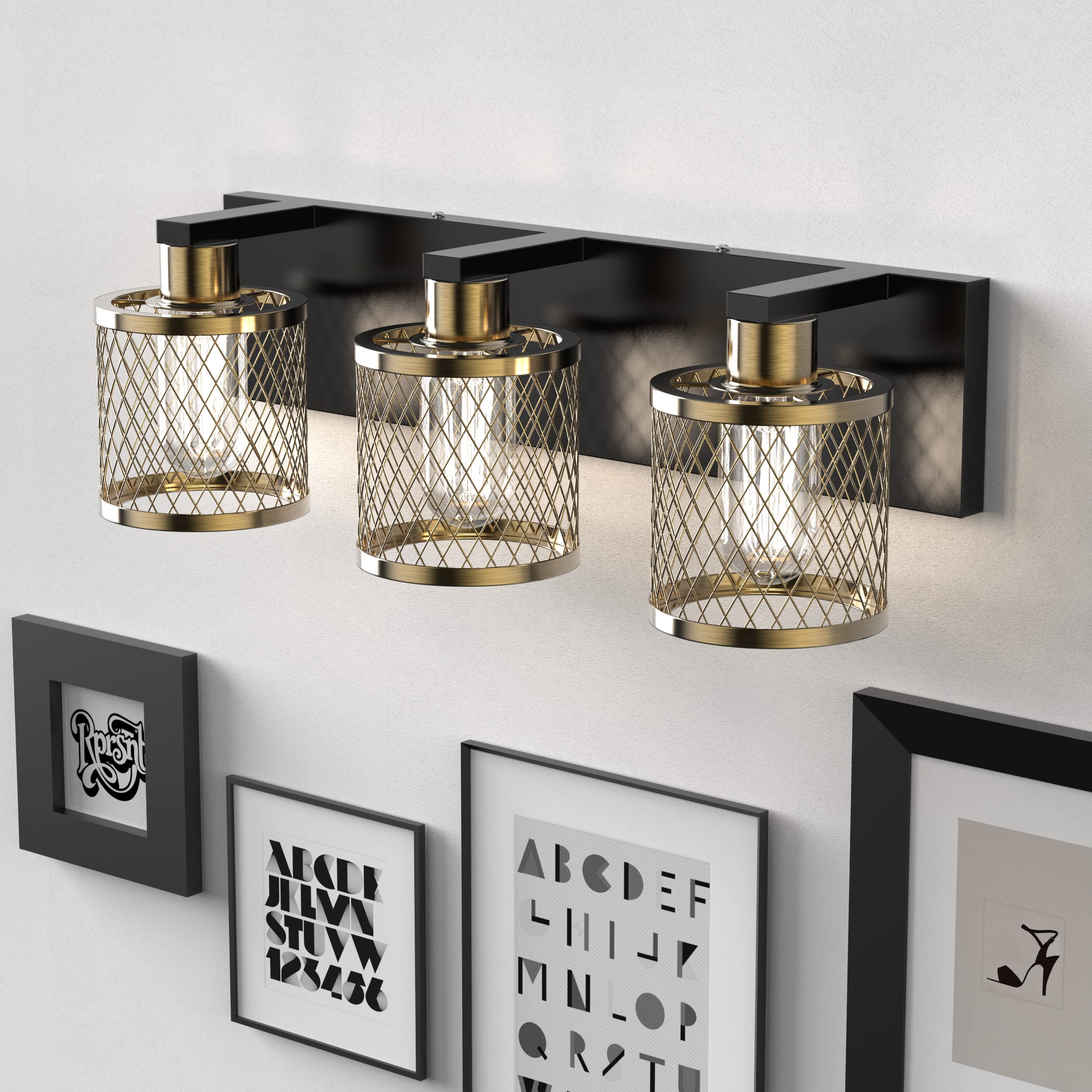 PHIXART Bathroom Light Fixtures - 3-Light Vintage Metal Vanity Light, Black & Gold, 20 inch, Model 9602-3Lights