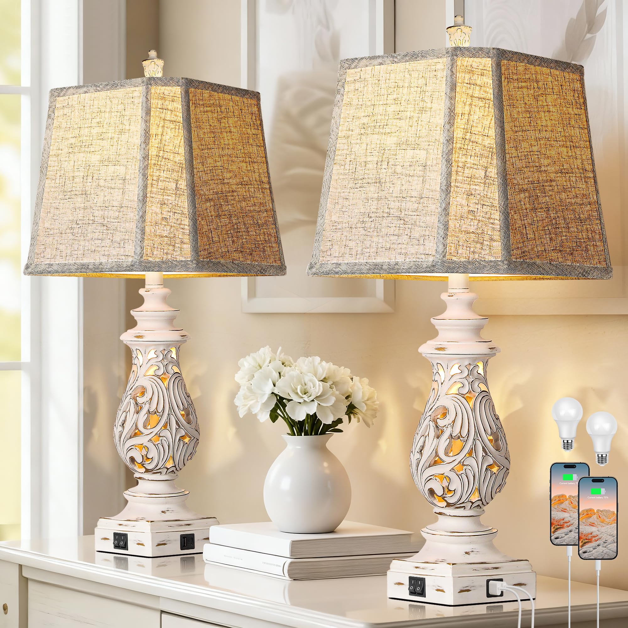 PARTPHONER 29 Table Lamps Set of 2  Bedside Lamps with USB A+C Ports & Night Light  Farmhouse Nightstand Lamps with Linen Fabric Shades for Bedroom Living Room  Antique White (LED Bulbs Included)