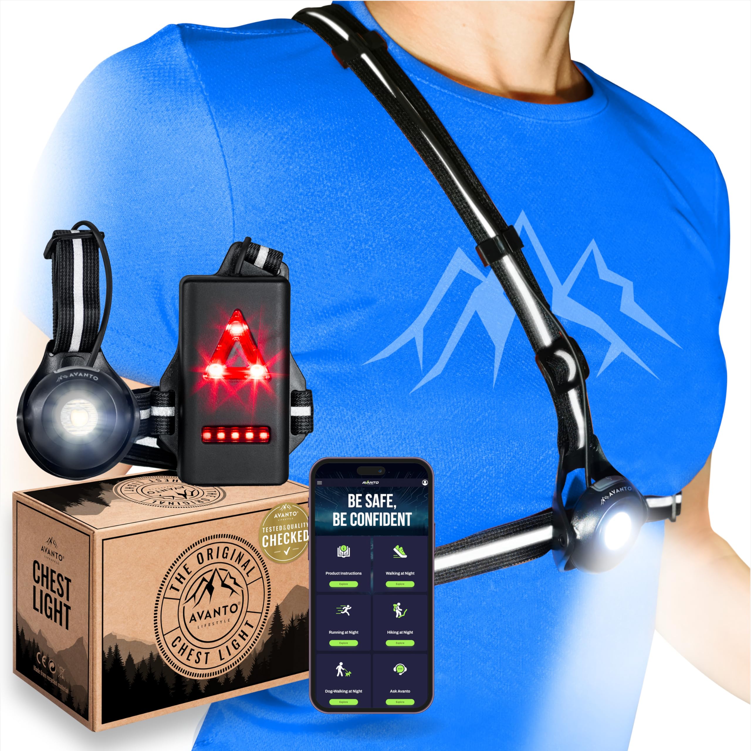 AVANTO PRO Chest Light, Original, USB-C Rechargeable, Running Lights for Runners, 500lm Adjustable Beam, 3-5h Use Time, Running