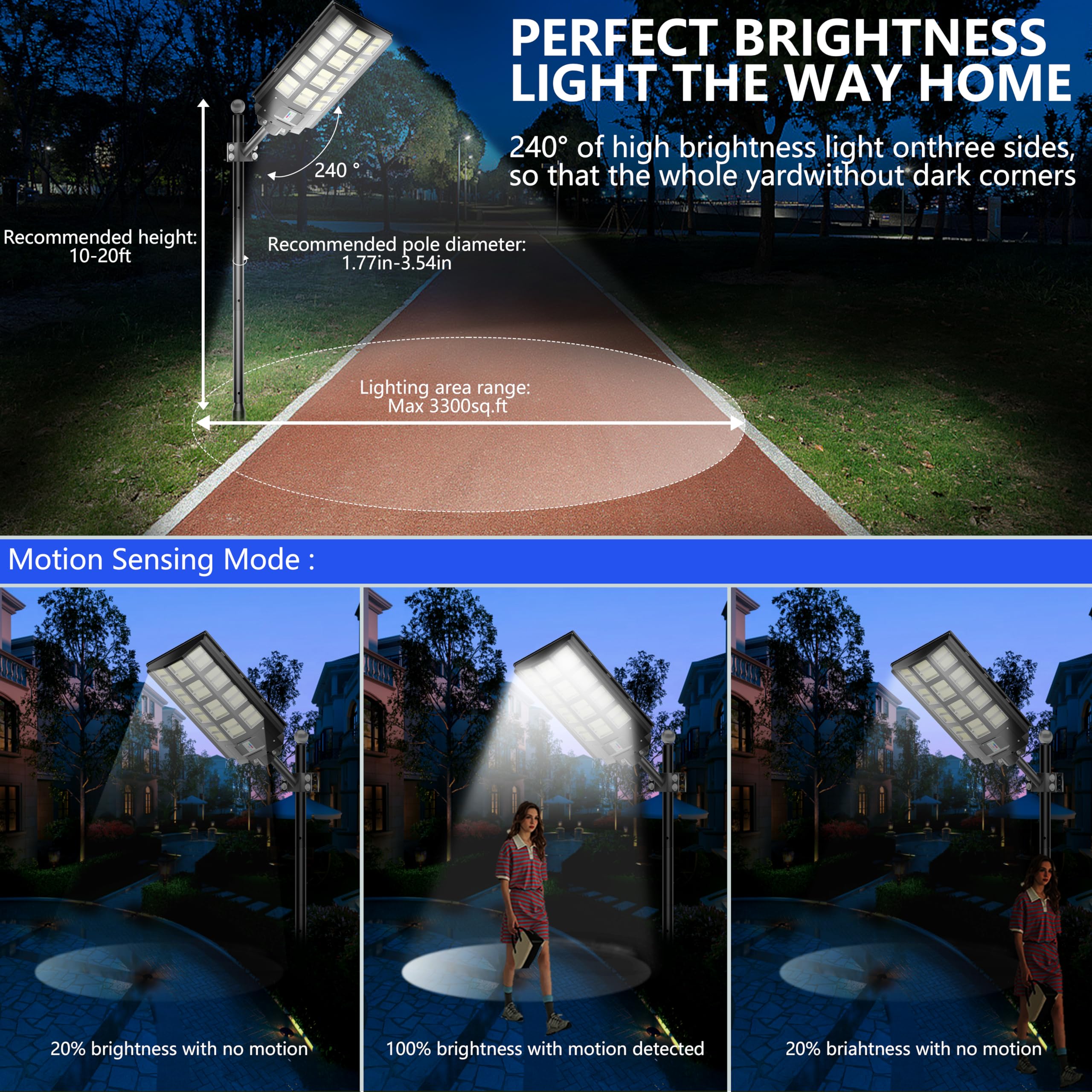 Jadisi 2-Pack 6800W Solar Street Lights, 240000LM, Waterproof, Dusk to Dawn, Motion Sensor, Black, ABS Material