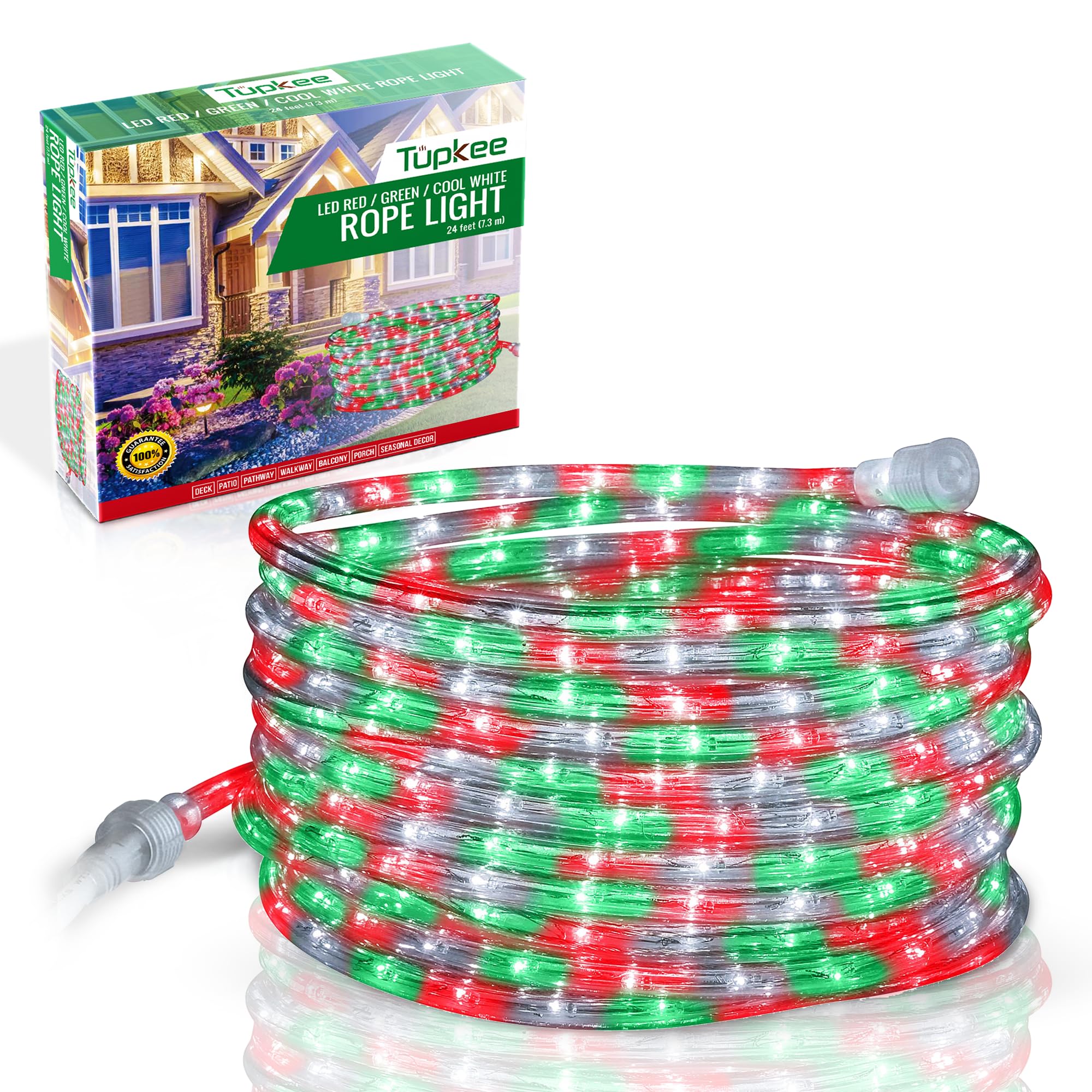 Tupkee LED Rope Light Red, Green, and Clear - 24 Feet (7.3 m), for Indoor and Outdoor use - 10MM Diameter - 144 LED Long Life Bulbs Halloween Decorative Rope Tube Lights