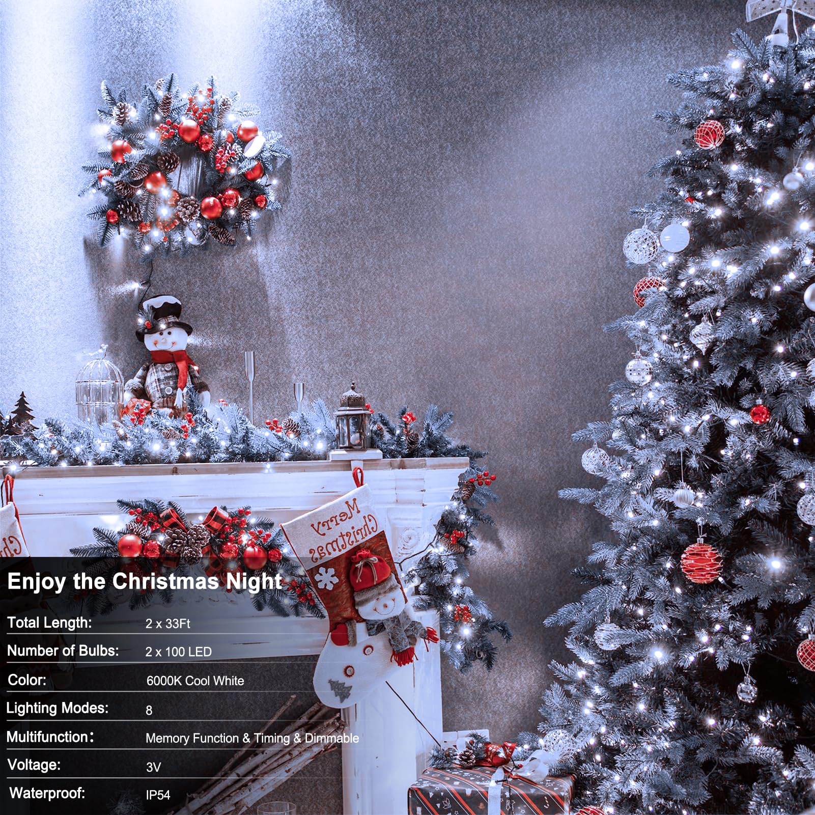 2 Pack String Lights Battery Operated, 33Ft 100 Led Christmas Fairy Lights Waterproof Green Wire Tree Lights With Remote 8 Modes Timer For Bderoom Garden Party Wedding Decoration (Cool White)