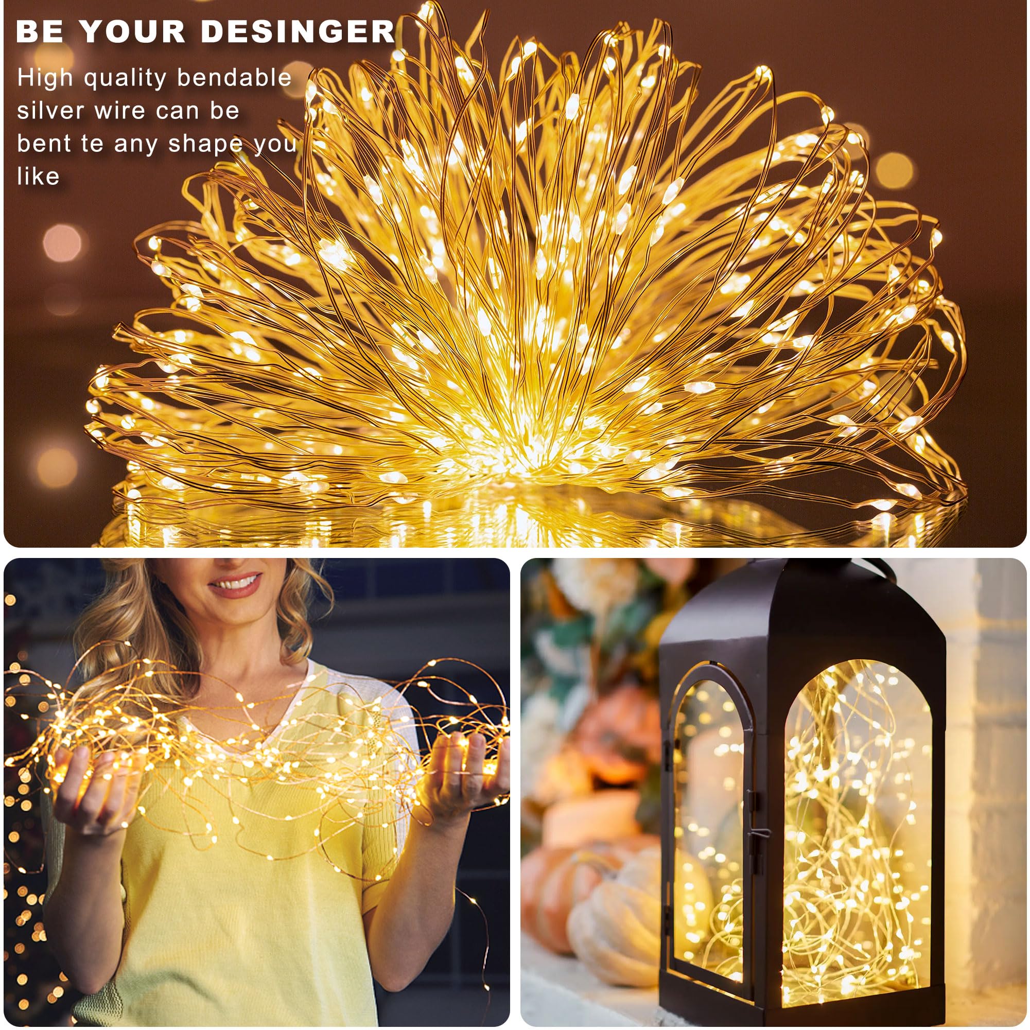 echosari Fairy Lights 2 Pack 16.4Ft 50 LEDs Warm White Copper Wire String Lights for Christmas Wedding Parties