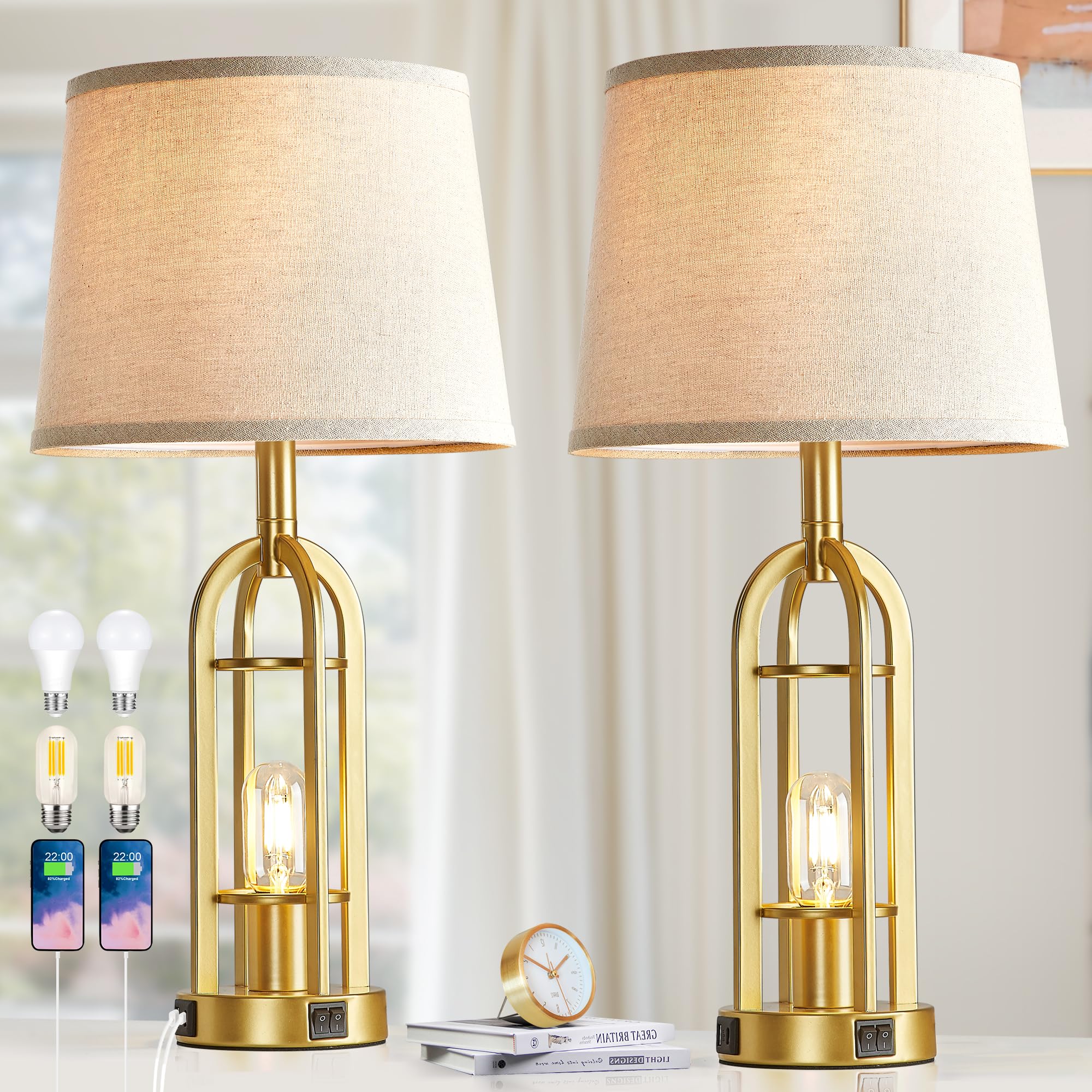 SRJJA Gold Table Lamps for Living Room Set of 2 - Farmhouse Lamps for Night Stands with USB A+C, Bedside Lamps for Bedroom, 24''