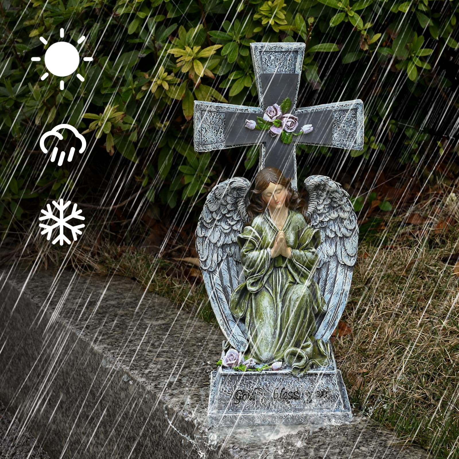 Yiosax-Solar Angels For Cemetery-Garden Statue Lights Decor - Before The Cross On One Knee Wings Praying Angel Figurine Bless Yo