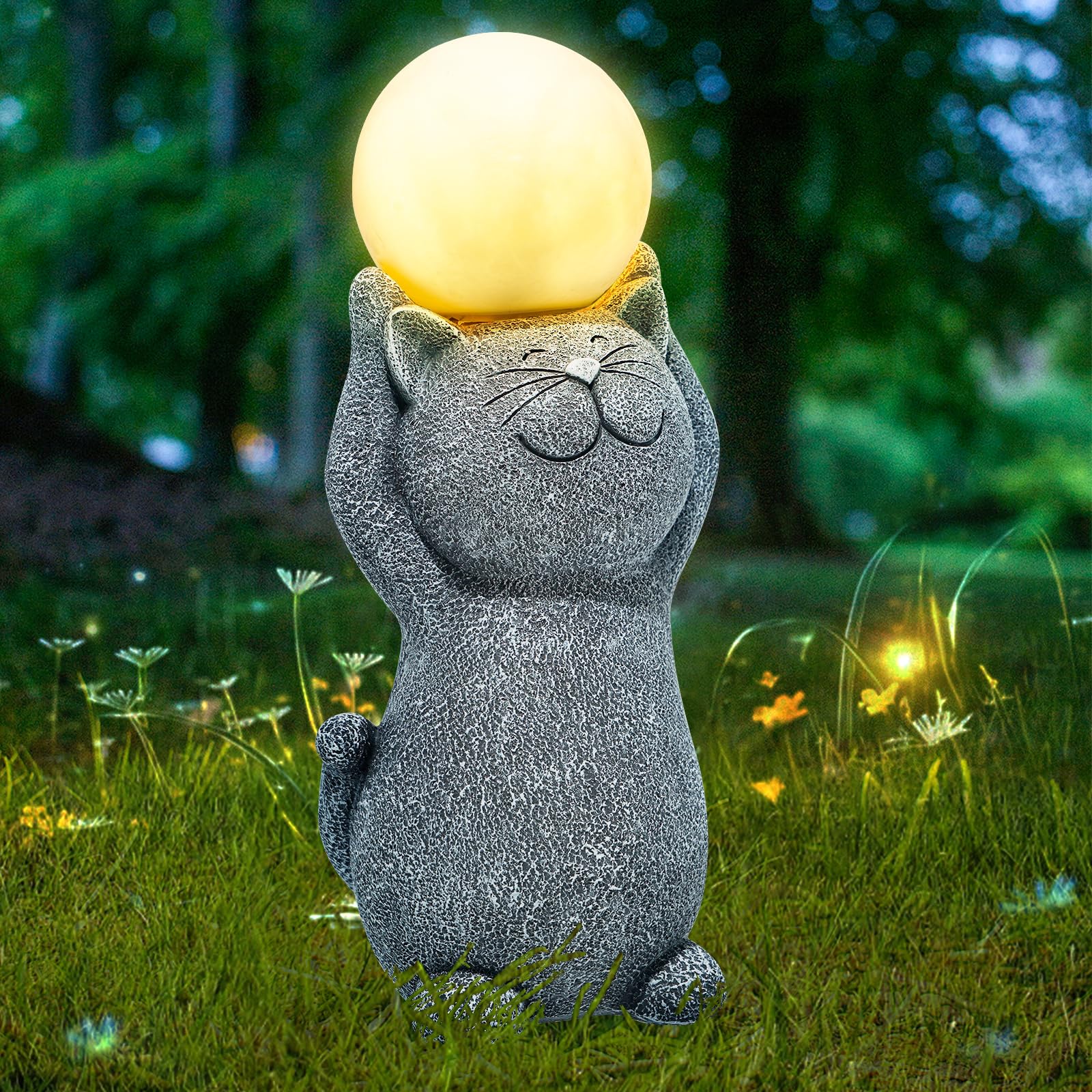 Solar Garden Decor Cat Moon Outdoor Statue and Figurine Lights, Outdoor Patio Sculpture Decor LED Light Gifts for Mom or Daughte