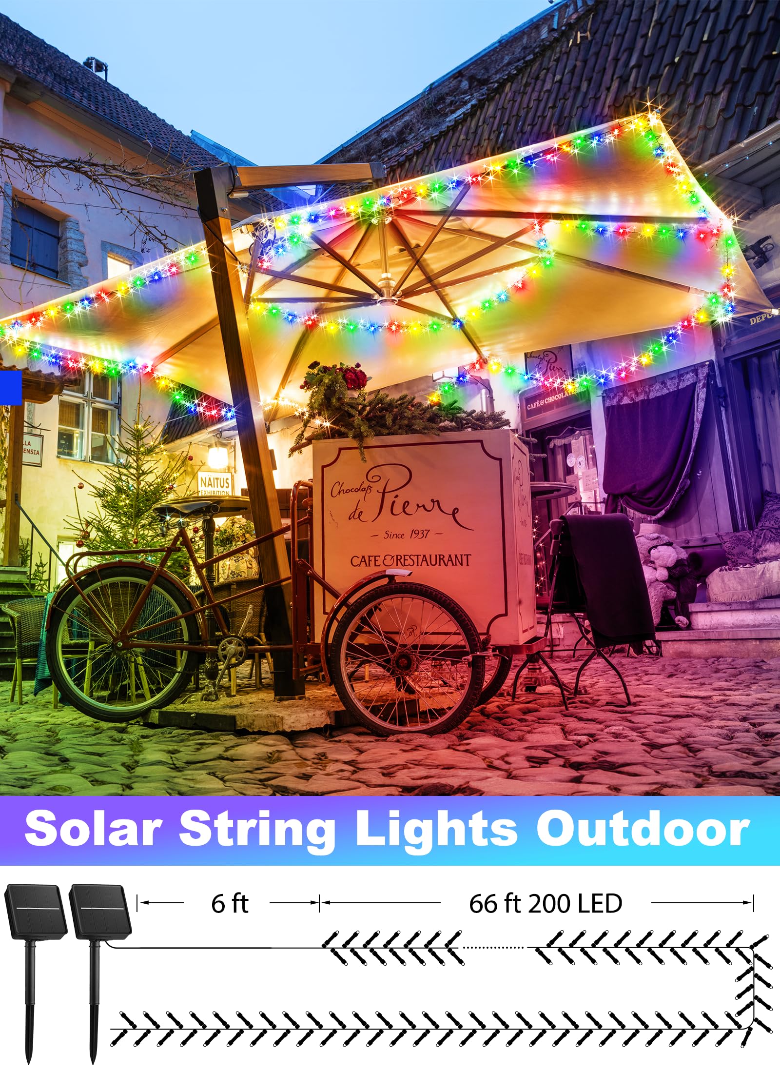 Minetom Christmas Lights Outdoor Solar Powered - 72Ft 200 Led Christmas String Lights With 8 Lighting Modes, Ip65 Waterproof Solar String Lights For Outside Tree Xmas Party Decoration, Multicolor