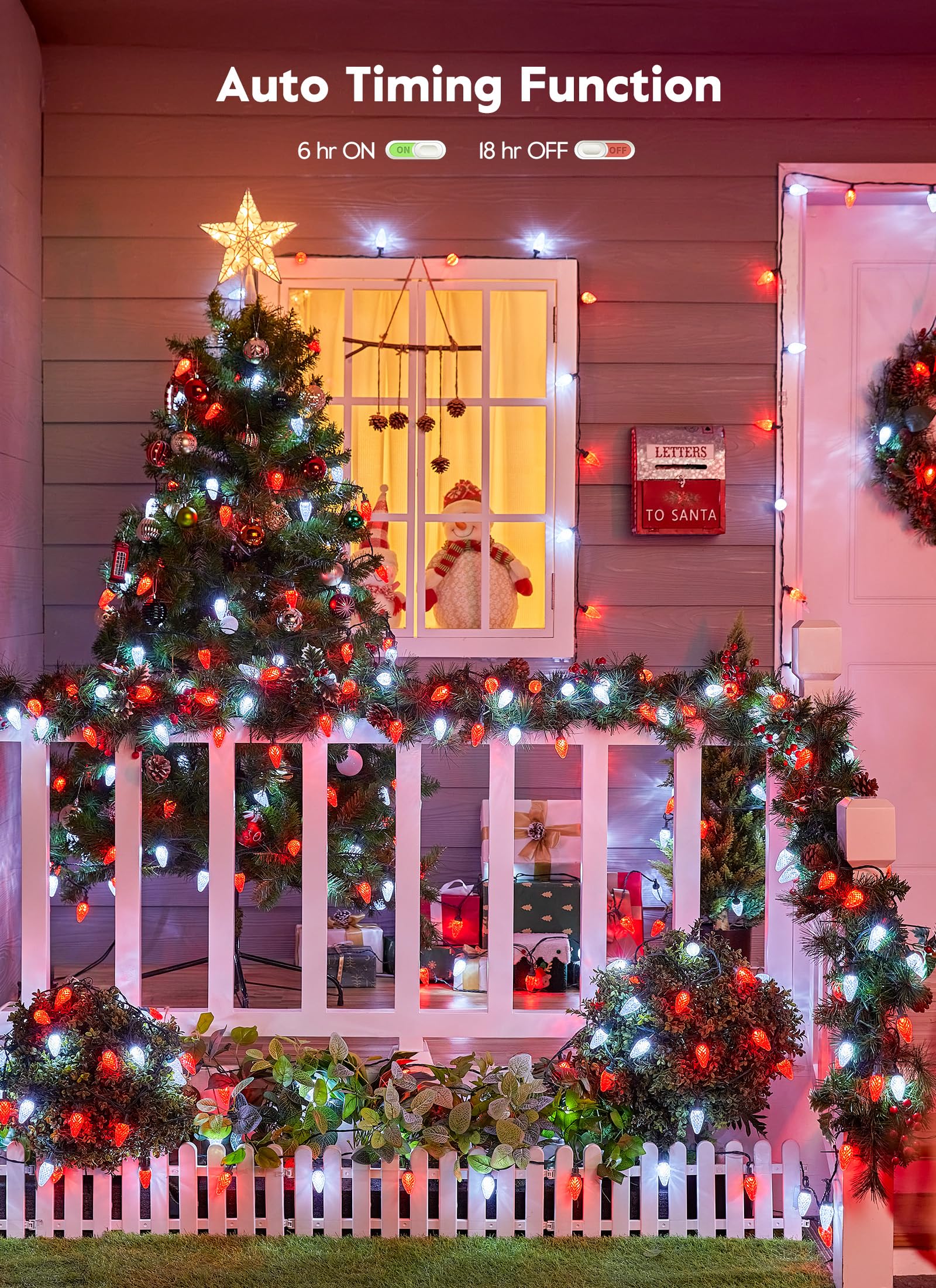 Brightown C9 Christmas Lights, 150 LED, 114FT, Red & Pure White, Waterproof, 8 Modes, UL Listed, Connectable Outdoor Decor