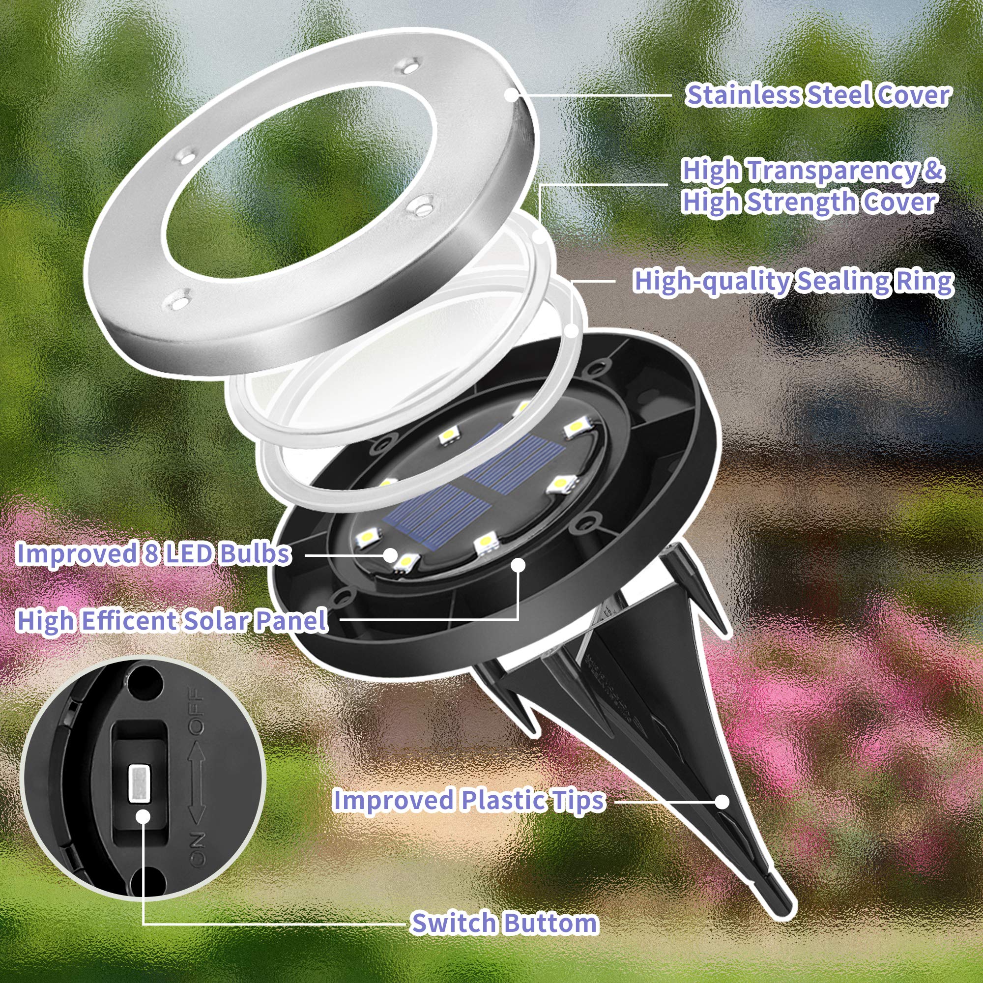 SOLPEX 12 Pack Solar Ground Lights - Waterproof 8 LED Disk Lights for Garden, Lawn, Patio, Walkway - White - Model 8627