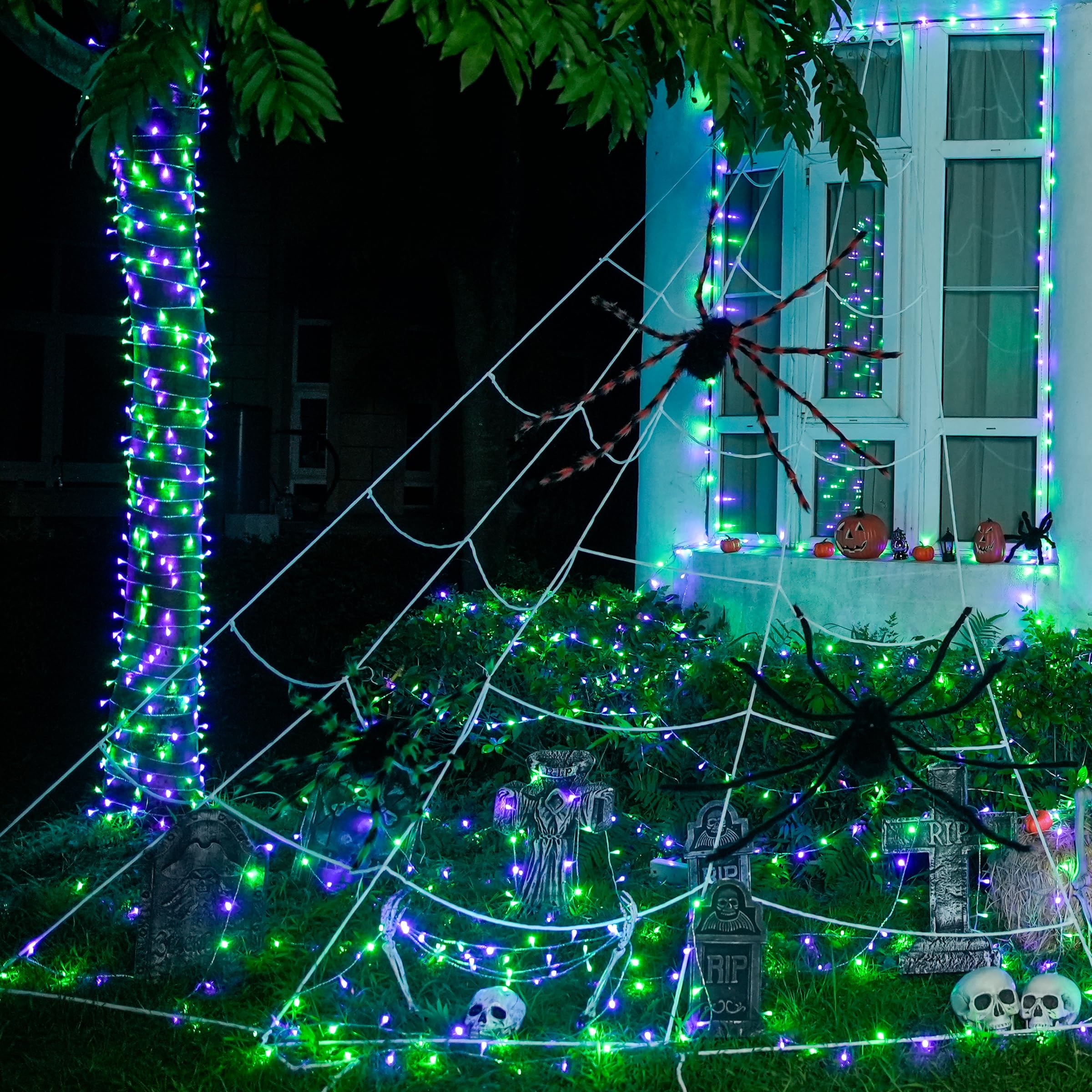 Jmexsuss 2 Pack Purple And Green Halloween Lights  Total 200 Led 8 Modes Halloween String Lights Plug In  Each 33Ft Connectable Christmas Lights Indoor Outdoor For Tree Porch Fireplace Decor