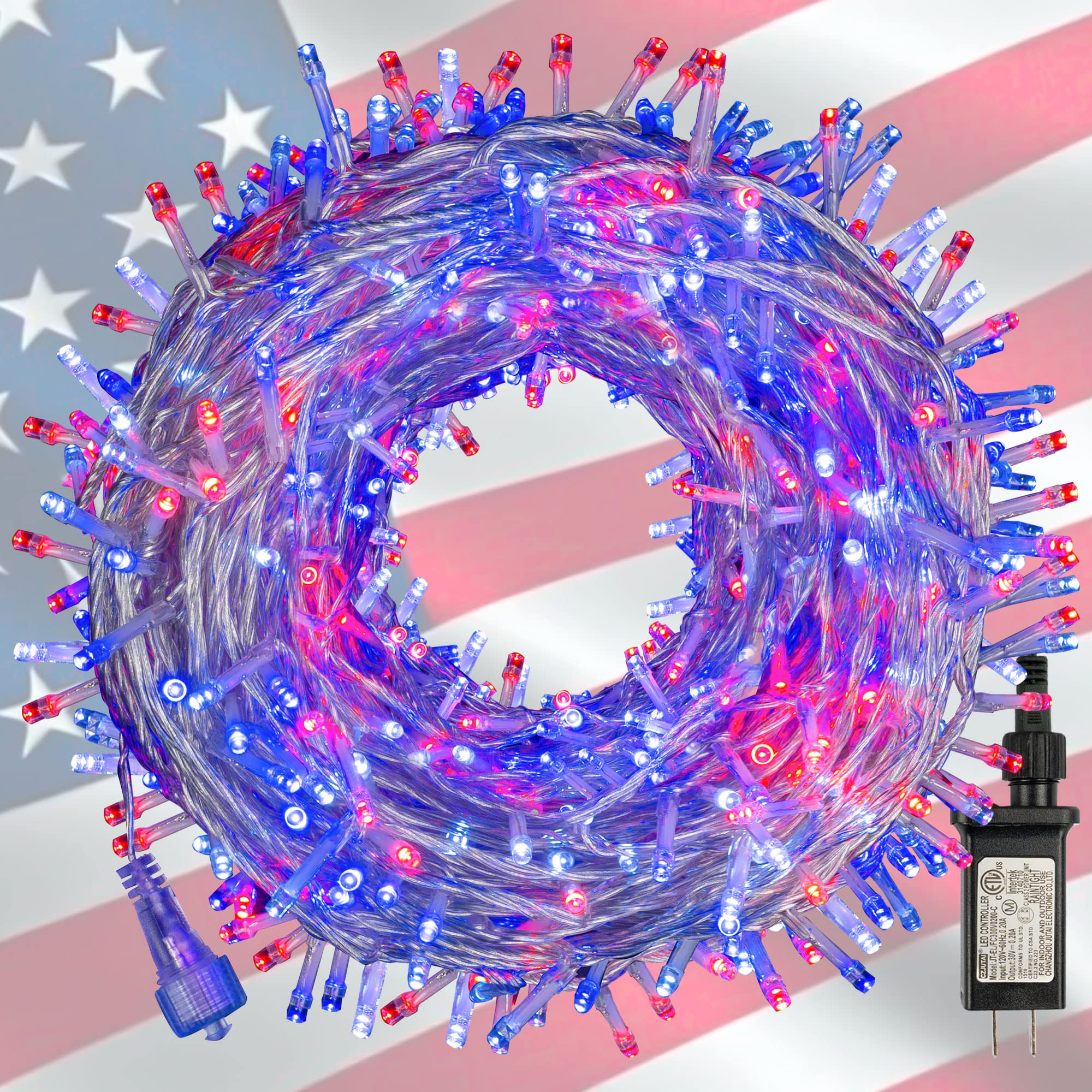Dazzle Bright 4th of July String Lights, 300 LED 100 FT Connectable Waterproof Patriotic String Lights with 8 Modes, Independenc