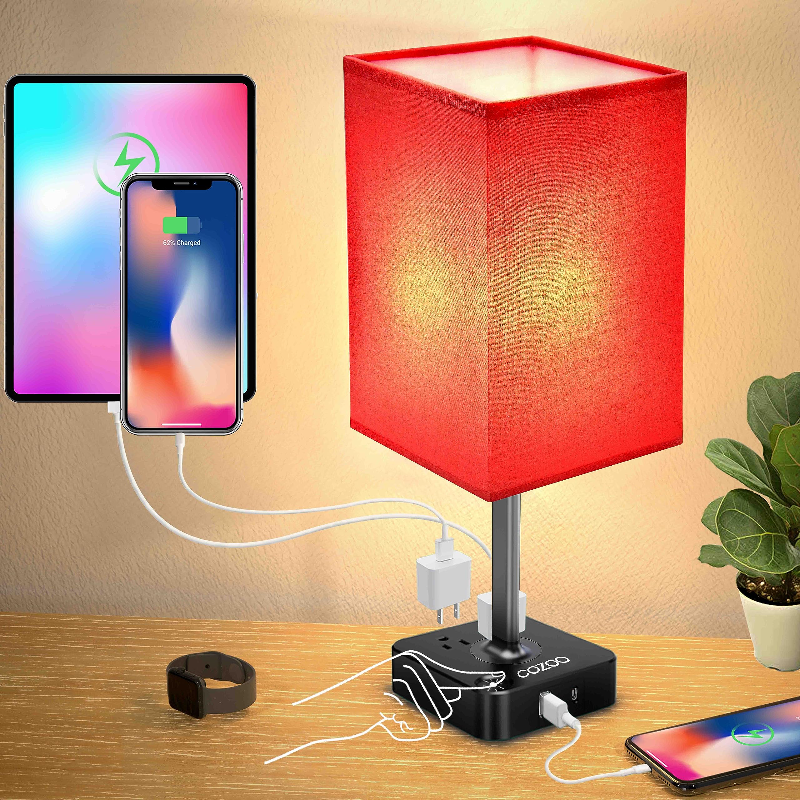 Cozoo Usb Bedside Table Desk Lamp With 2 Usb Charging Ports And 2 Outlets Power Strip,Dimmable Table Lamp With Red Fabric Shade,