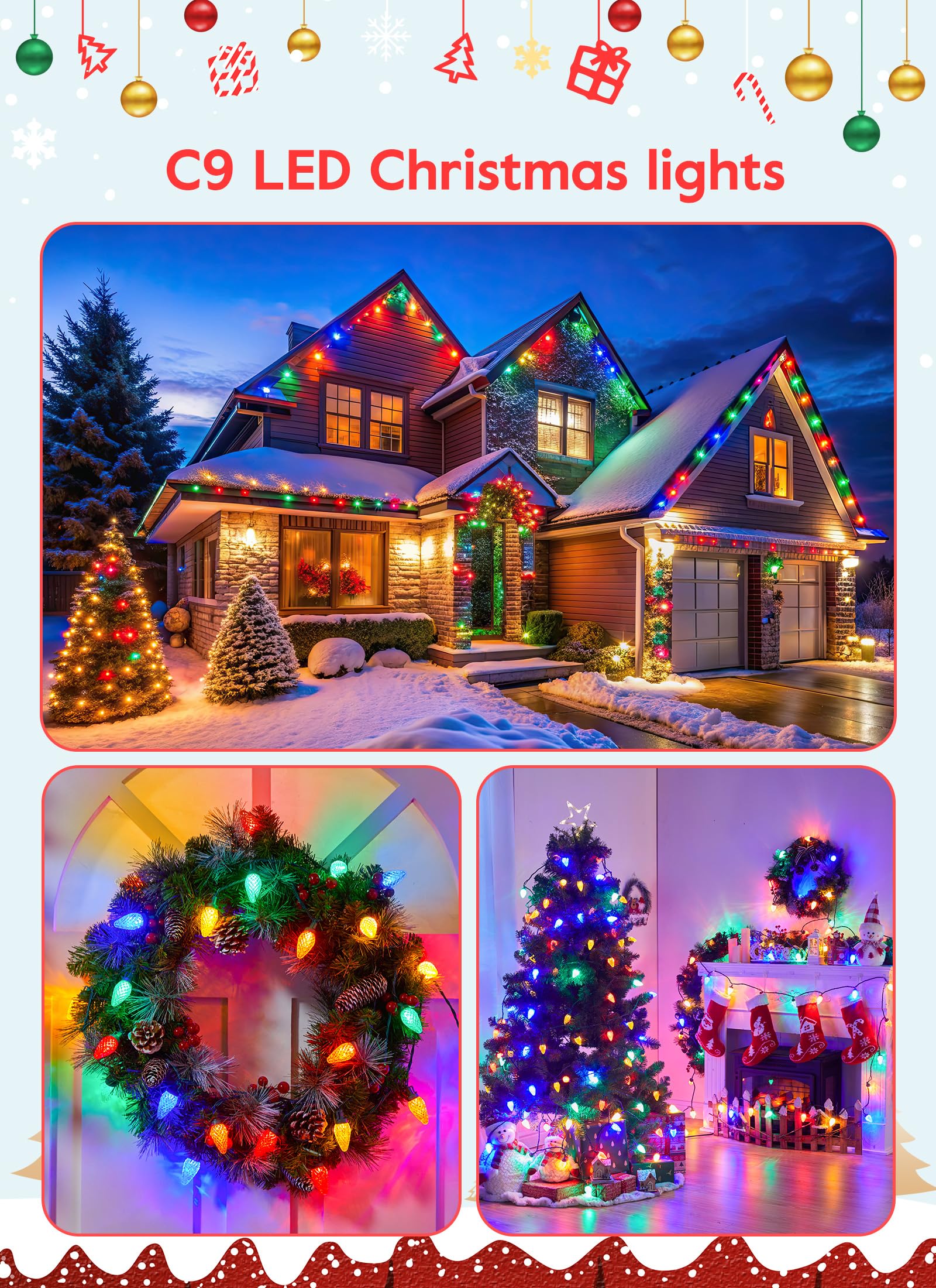 C9 Christmas Lights Outdoor  114 Feet 150 Led C9 String Lights With Timer & 8 Light Modes  Waterproof Commercial Grade Connectable Christmas Tree Lights For Indoor Outside Roofline Patio  Multicolor