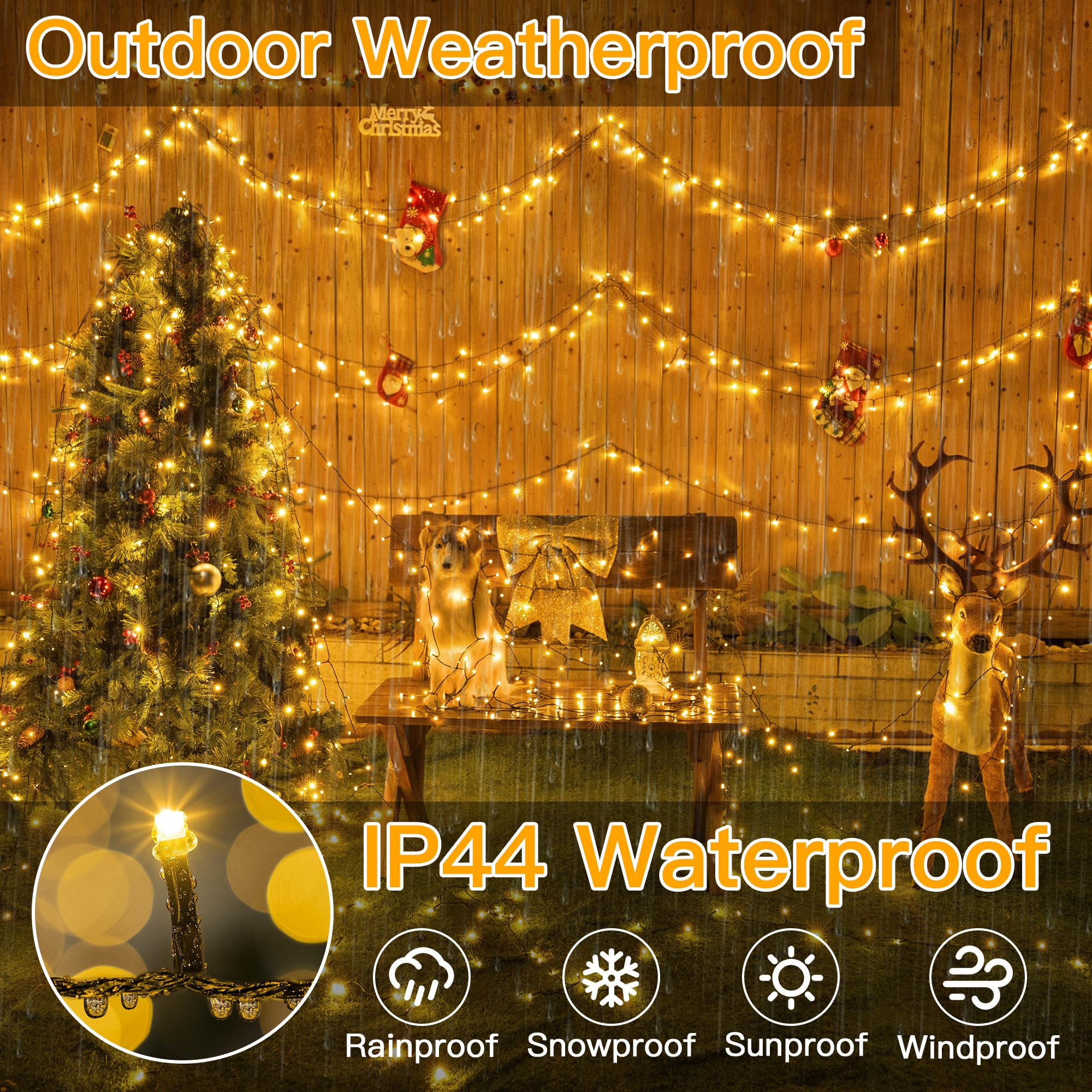 Ollny 500Led Christmas Lights, 164Ft Warm White Outdoor Tree Lights, Ip44 Waterproof, 8 Modes With Remote Timer, Model Hg-29V500C