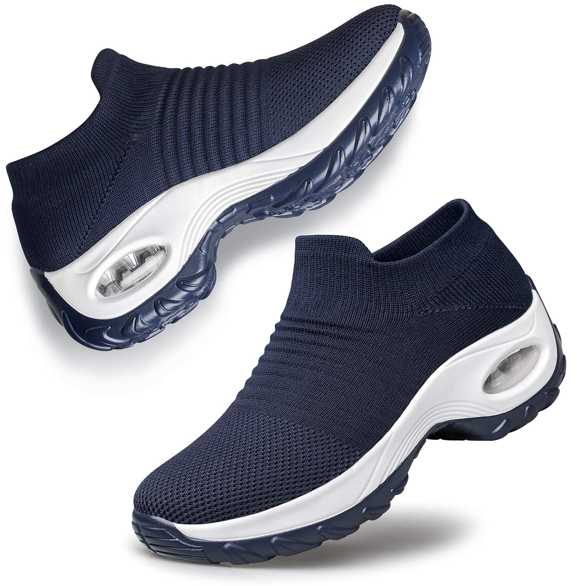 Yhoon Womens Road Running Shoes - Sock Sneakers Slip On Mesh Platform Loafers Air Cushion Athletic Shoes Work Comfortable Navy B