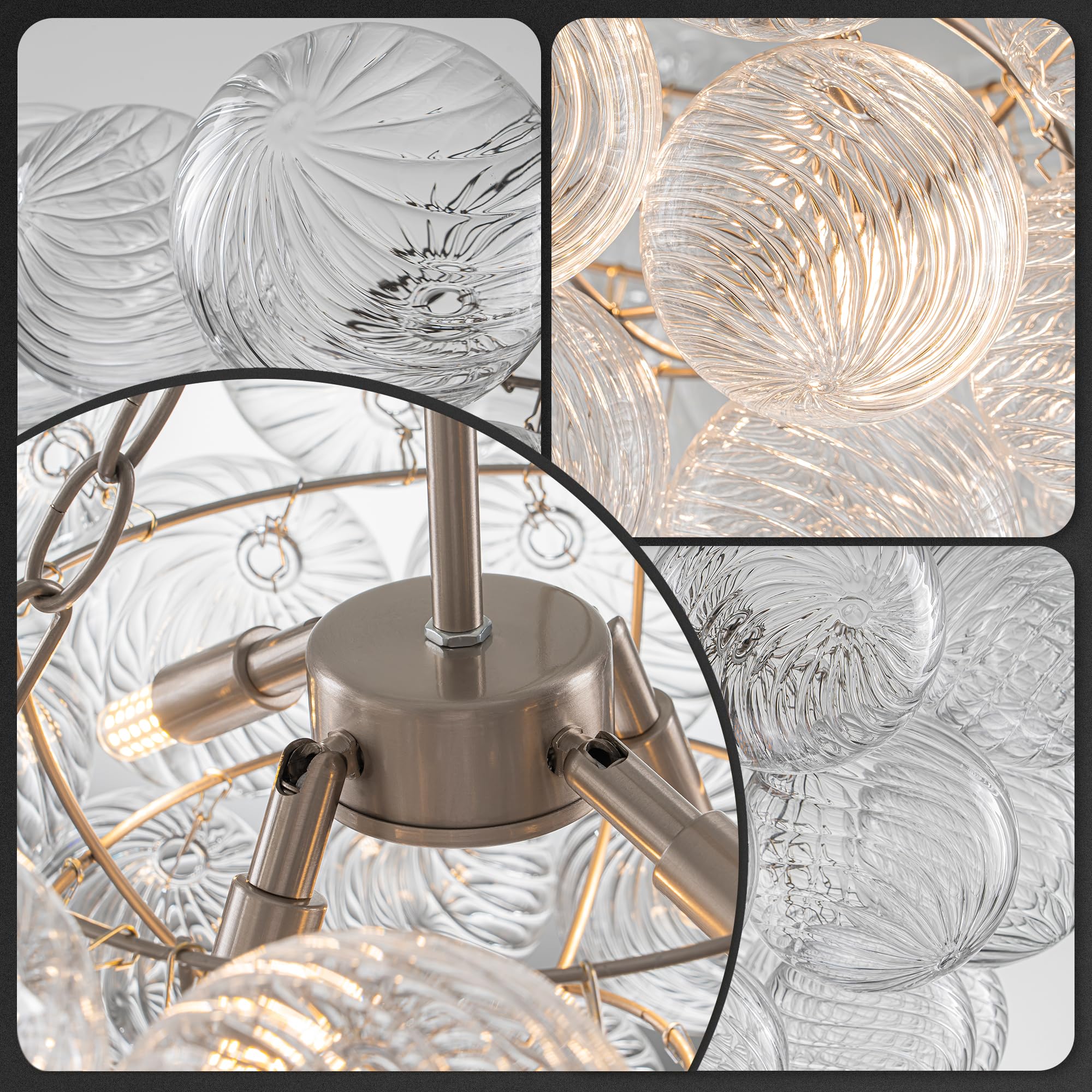 Beypan Bubble Glass Ball Chandelier Nickel Finish Light Fixtures Swirled Clear Ribbed Globe Blown Glass Chandeliers 20'' Dia Sma