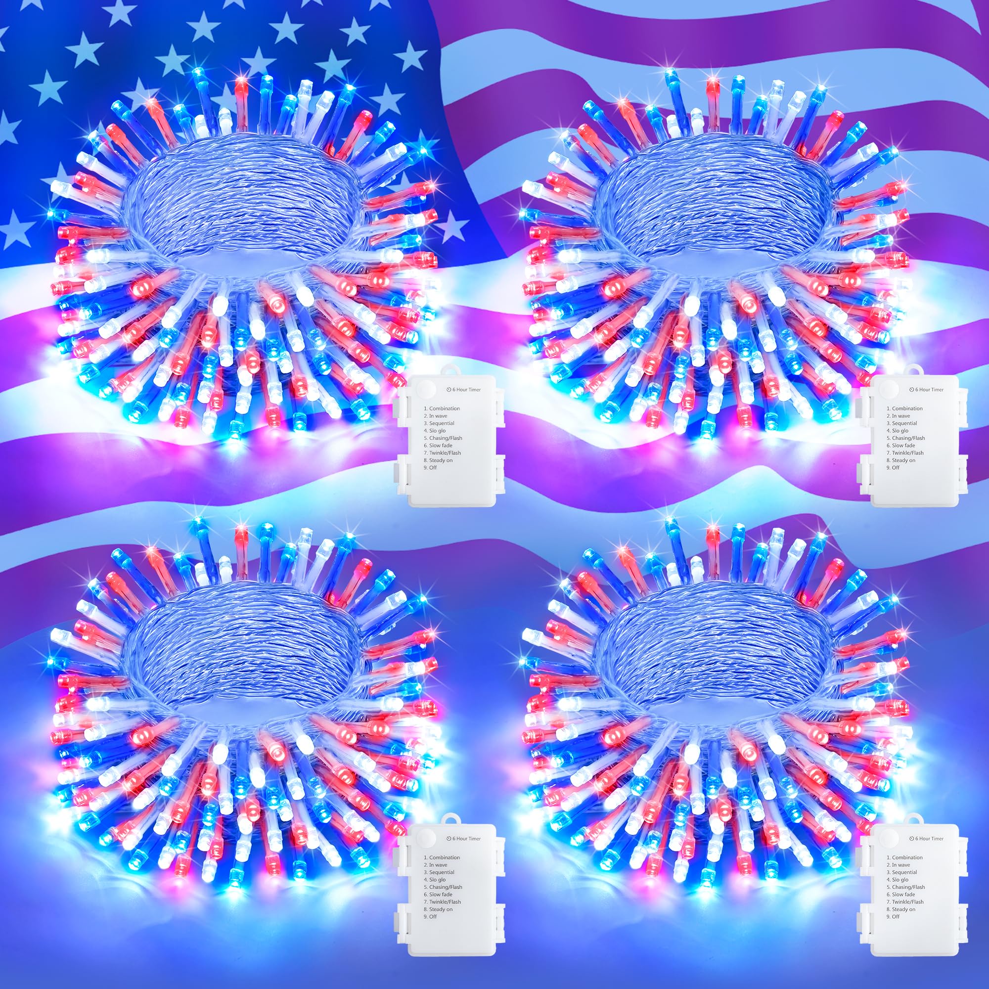 JMEXSUSS 4 Pack 50 LED Red White and Blue String Lights Battery Operated, Each 16.5ft 4th of July Lights Outdoor Waterproof, 8 M