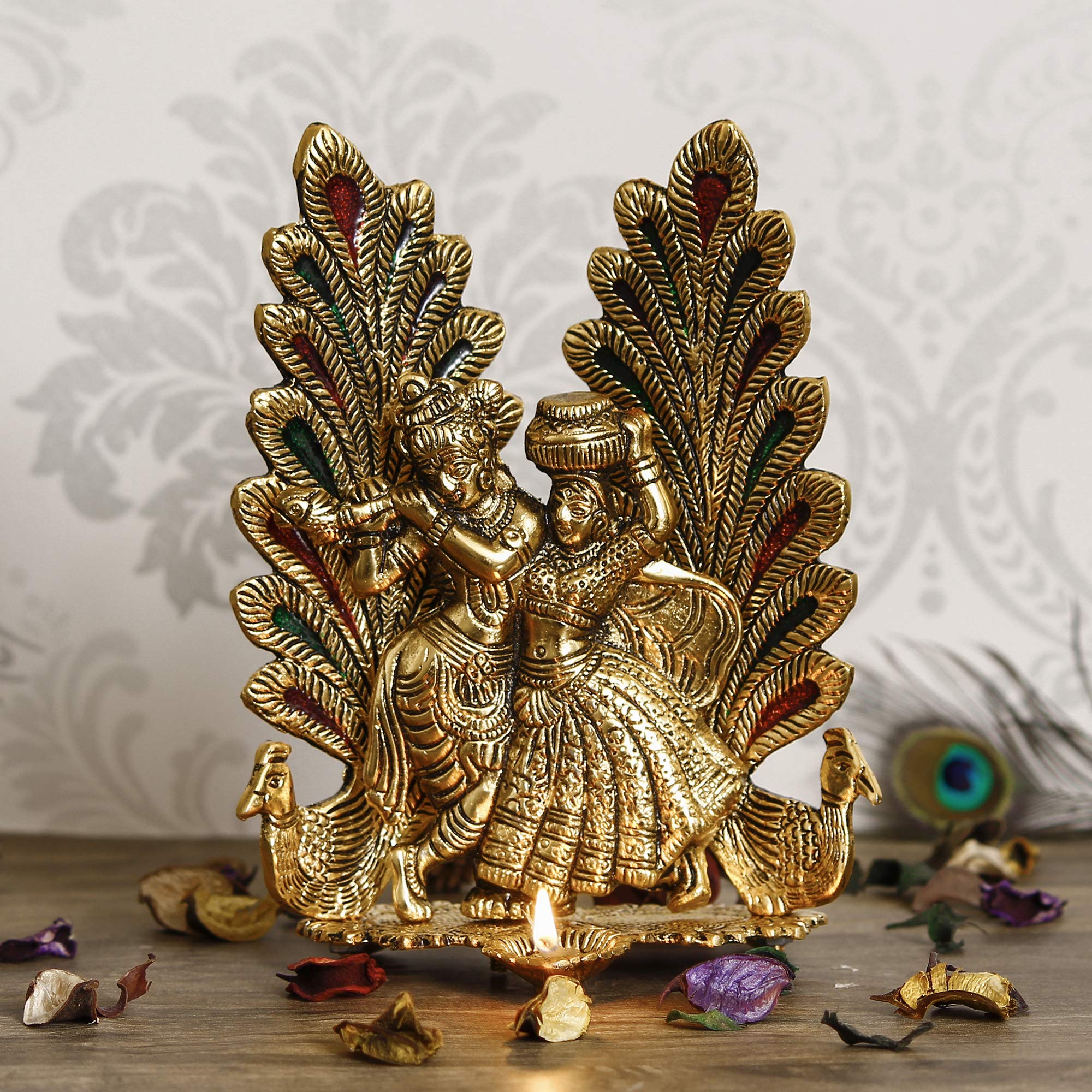 eCraftIndia Decorative Golden Metal Radha Krishna Idol with Diya Decorative Showpiece for Home Decor Pooja Room Temple & Gift