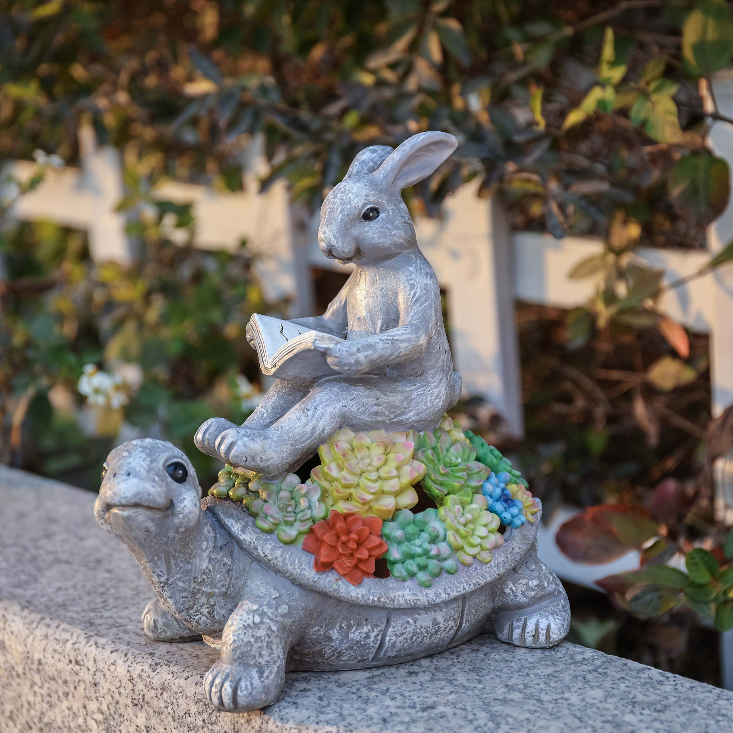 TERESAS COLLECTIONS Garden Decor, Rabbit Turtle Statues, Solar Light, Waterproof Resin, Medium Size, Multicolor