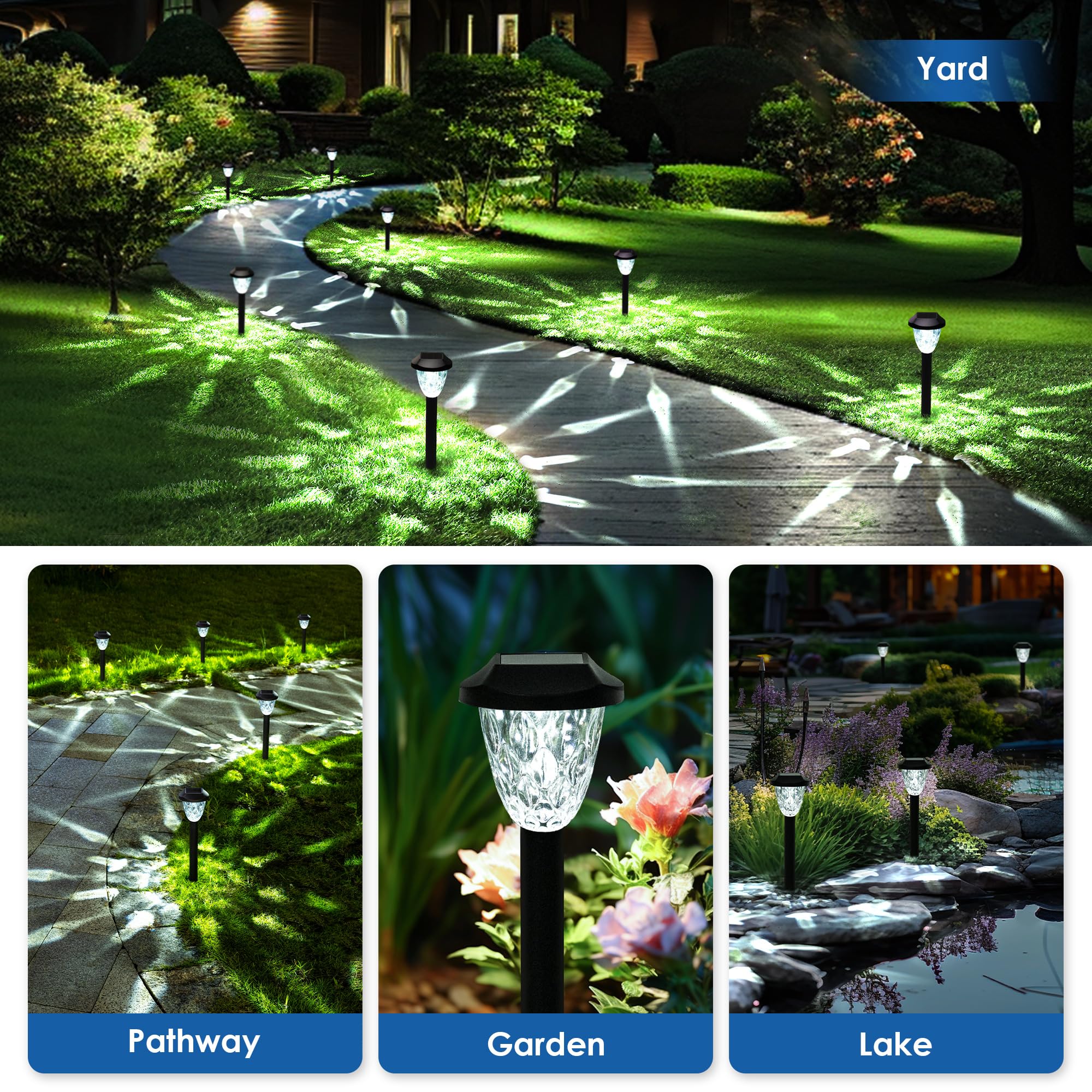 GIGALUMI Solar Pathway Lights, 8 Pack, Cold White, Waterproof, Auto On/Off, Model 8819, 14.17in  Size for Yard and Garden