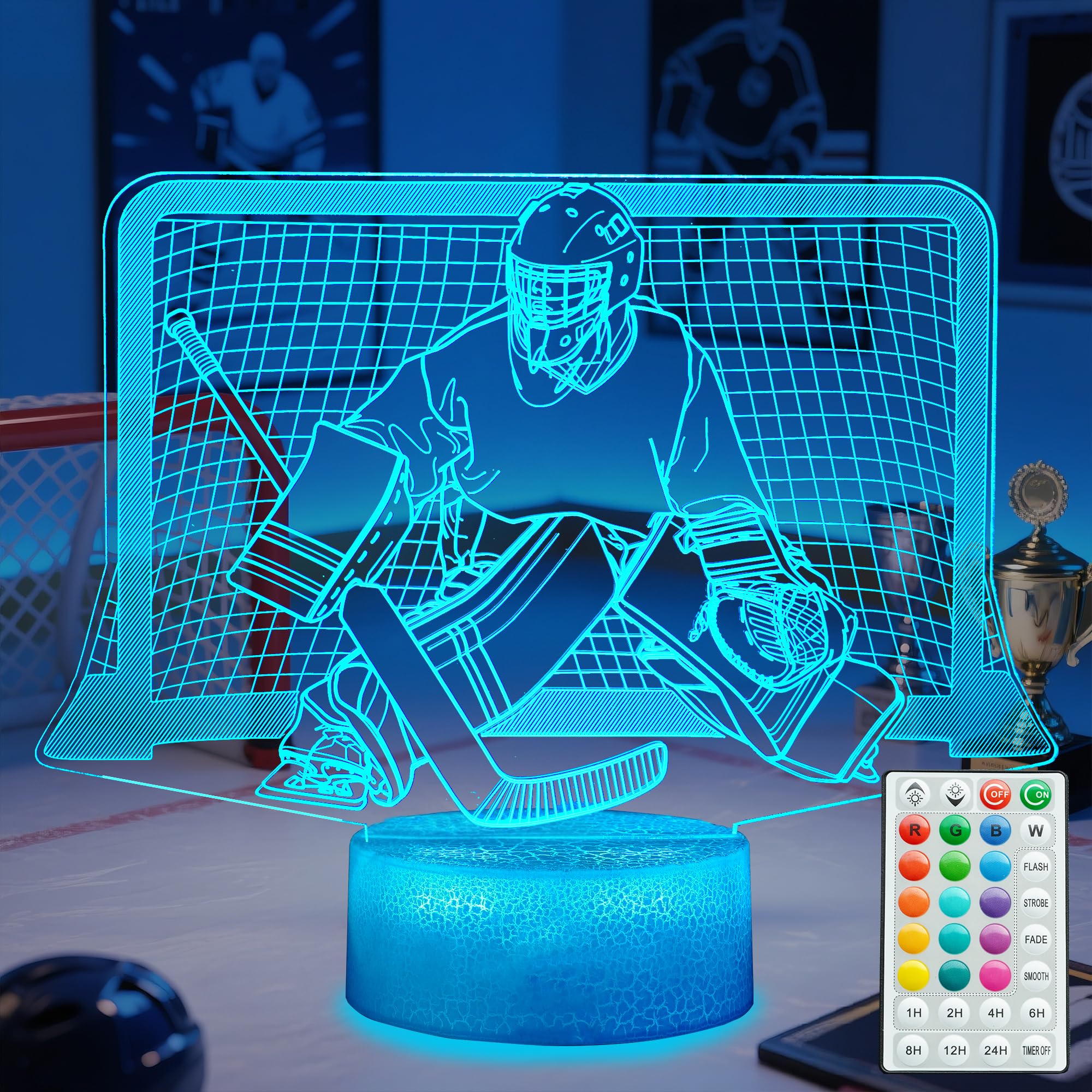 POSSHE Hockey Night Light, Hockey Goalie Gifts, 3D Illusion Lamp with Remote Control, 16 Colors Changing, RGB Flashing Mode, Tim