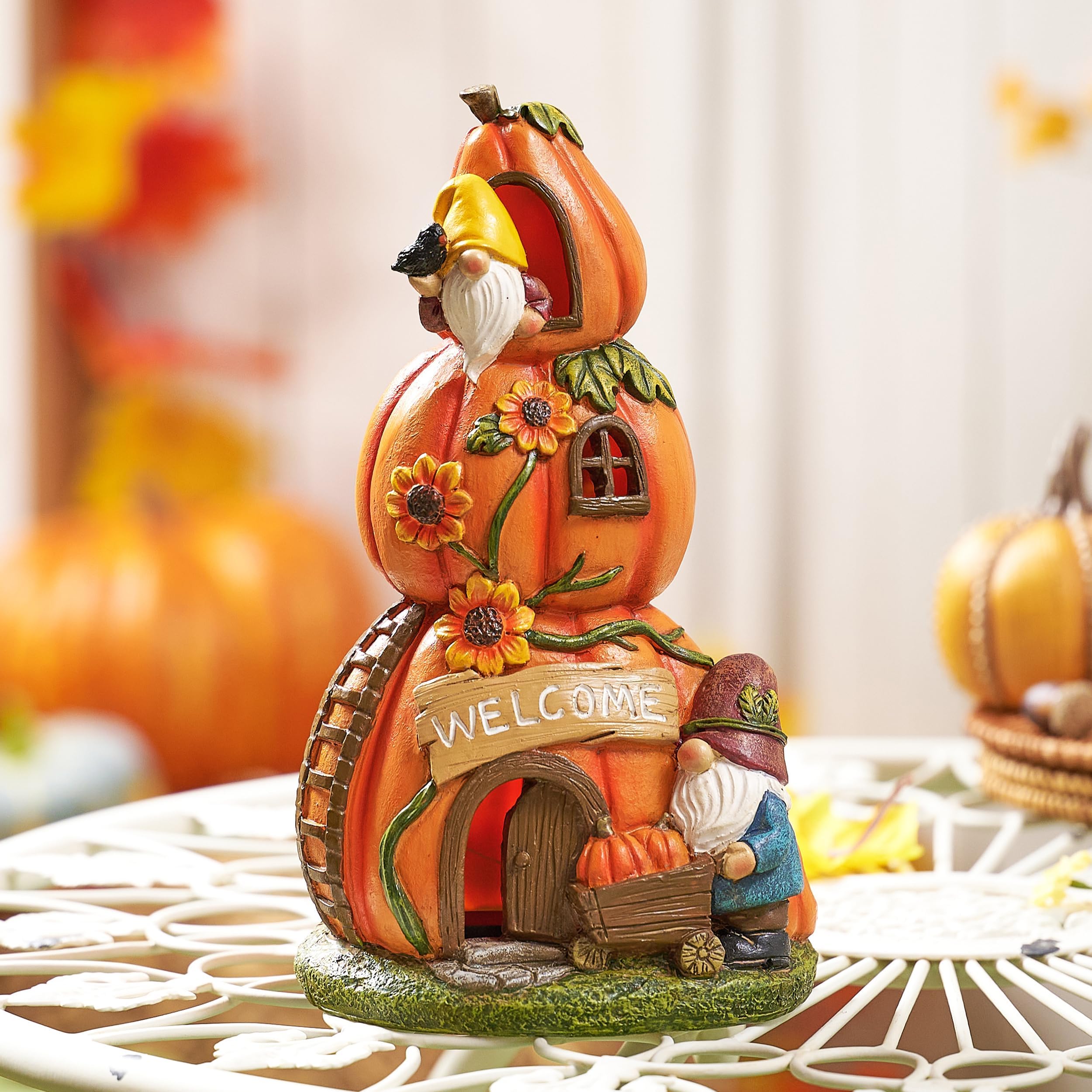 Teresa'S Collections Outdoor Solar Pumpkin Decor - Resin Fairy Garden Gnomes For Fall & Thanksgiving